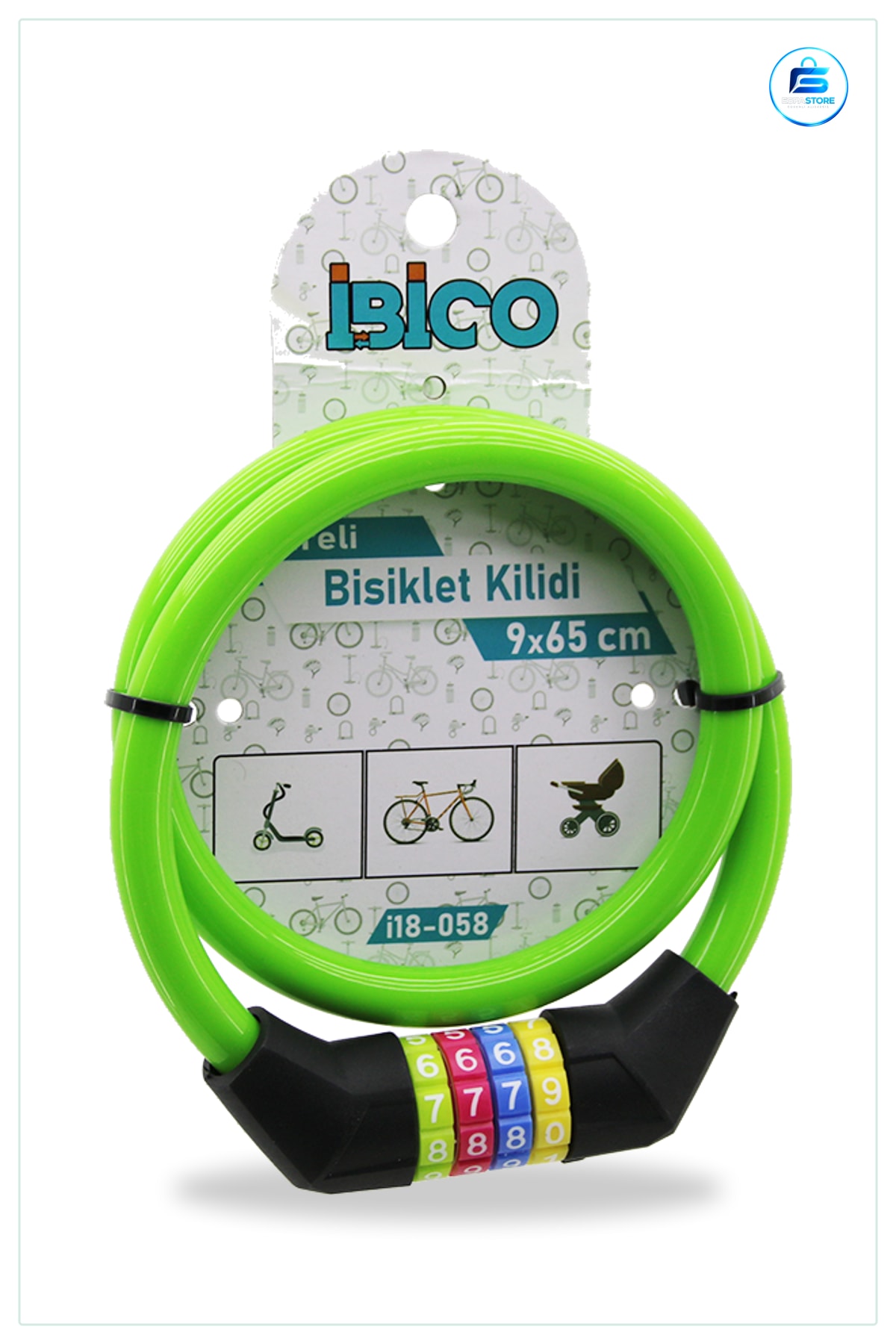 Bisiklet Kilidi Şifreli Çelik Tel 9mm x 65cm Yeşil Kılıflı Kablo Kilit Scooter Güvenlik