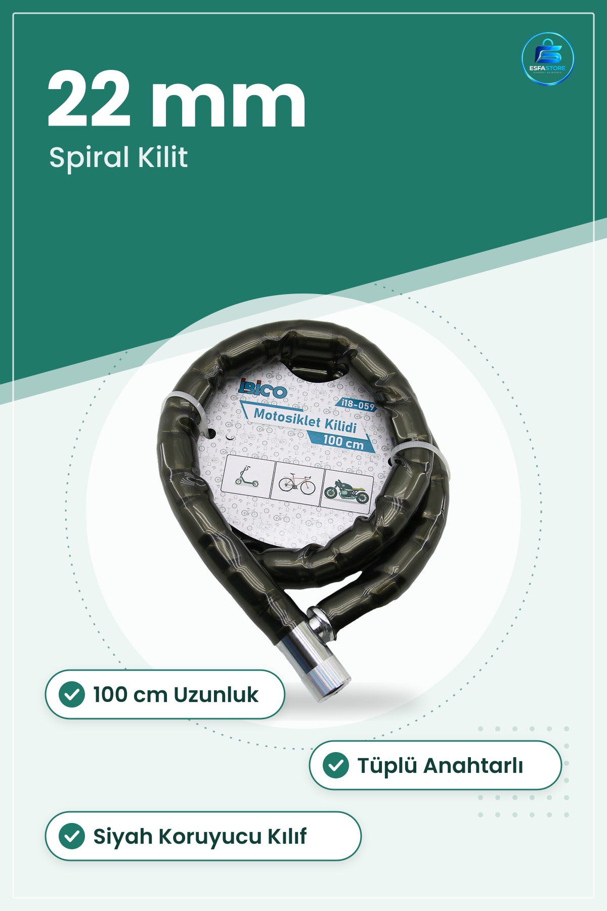 Bisiklet Kilidi Çelik Spiral 22 mm 100 cm Tüplü Anahtarlı Motosiklet Kilit Zincir Siyah Kılıflı