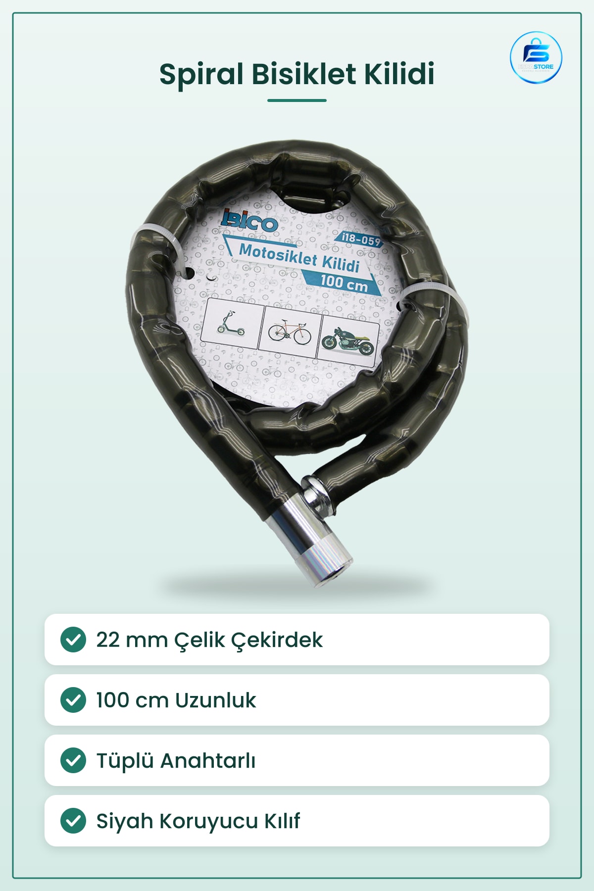 Bisiklet Kilidi Çelik Spiral 22 mm 100 cm Tüplü Anahtarlı Motosiklet Kilit Zincir Siyah Kılıflı