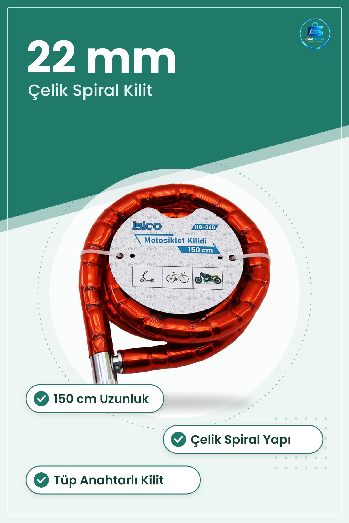 Bisiklet Kilidi Tüp Anahtarlı Çelik Spiral 22mm x 150cm Kırmızı Motosiklet Scooter Güvenlik Kilit