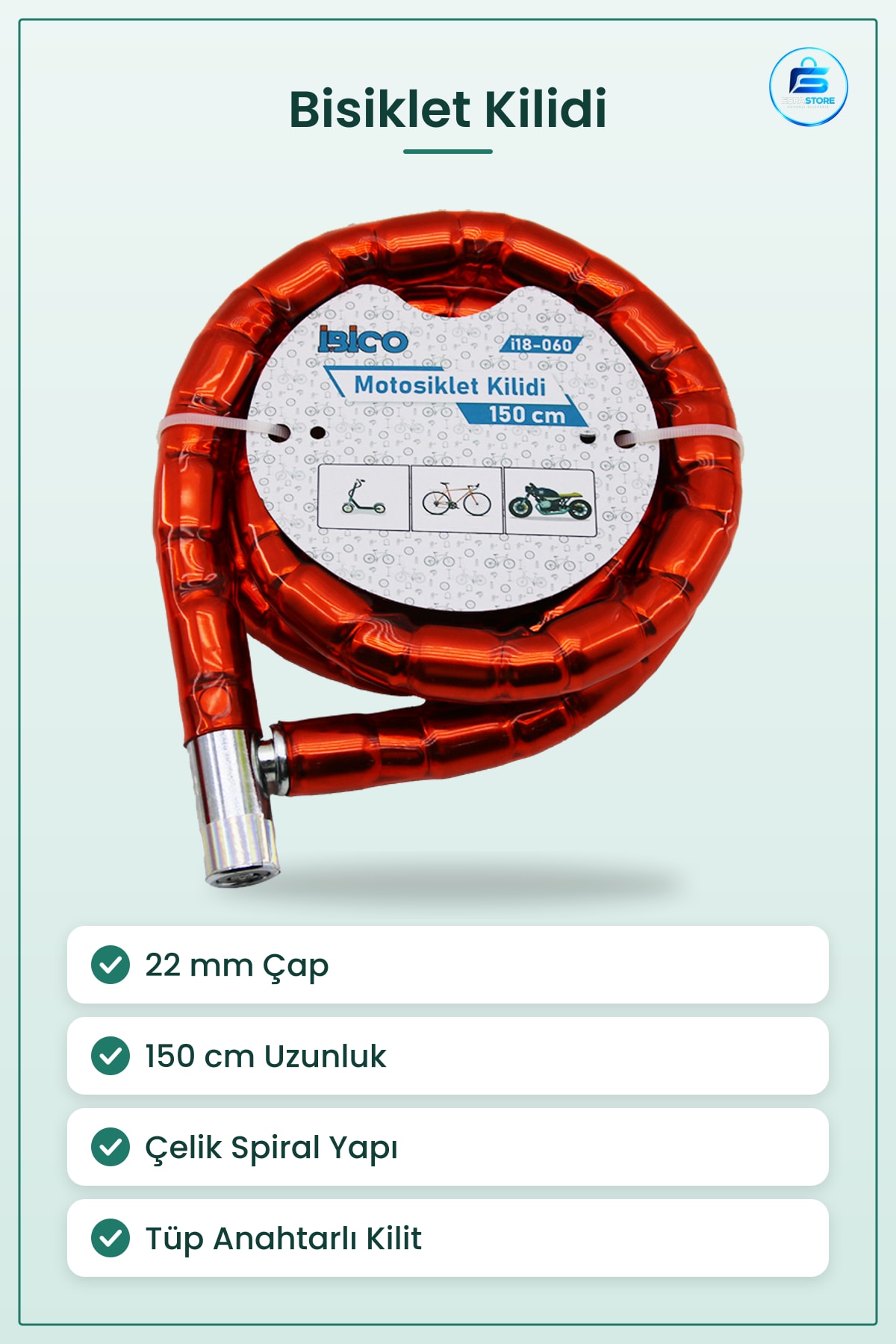 Bisiklet Kilidi Tüp Anahtarlı Çelik Spiral 22mm x 150cm Kırmızı Motosiklet Scooter Güvenlik Kilit