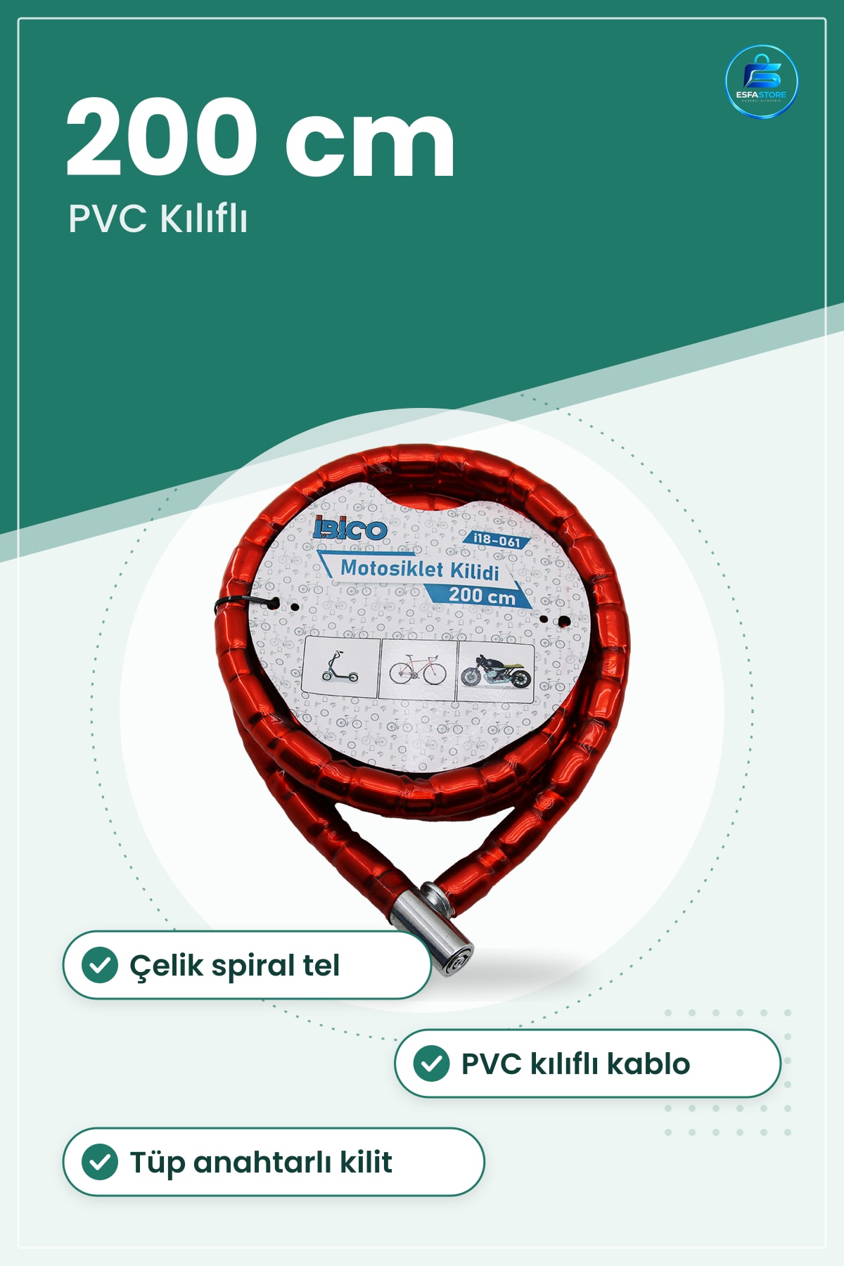 Çelik Spiral Tüp Anahtarlı Bisiklet Kilidi Motosiklet 22mm x 200cm PVC Kılıflı Güvenlik Kablosu