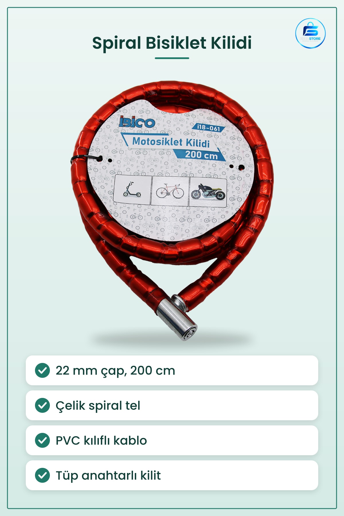 Çelik Spiral Tüp Anahtarlı Bisiklet Kilidi Motosiklet 22mm x 200cm PVC Kılıflı Güvenlik Kablosu
