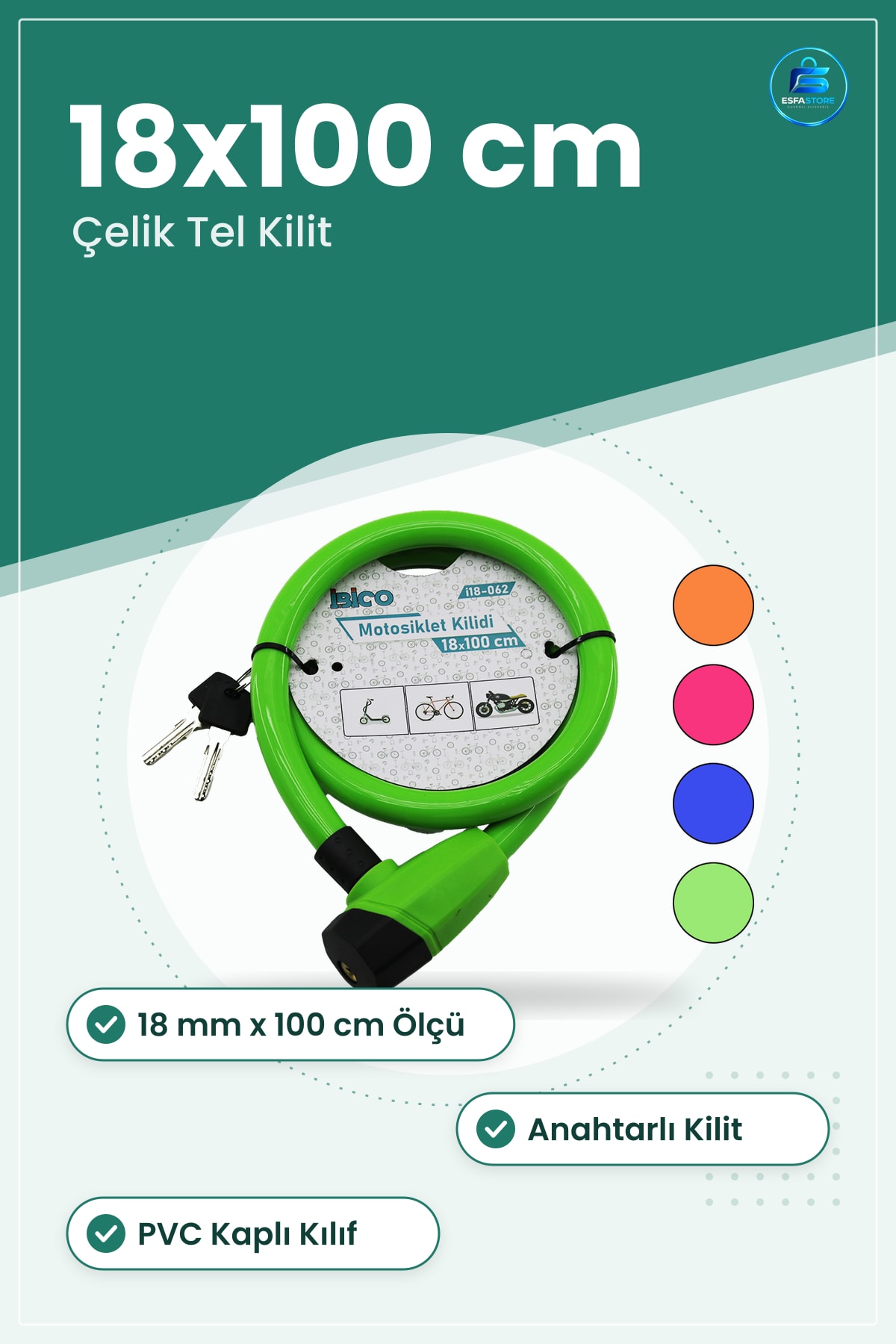 Bisiklet Kilidi Çelik Tel Motor Kilit 18mm x 100cm Anahtarlı PVC Kaplamalı Scooter Güvenlik