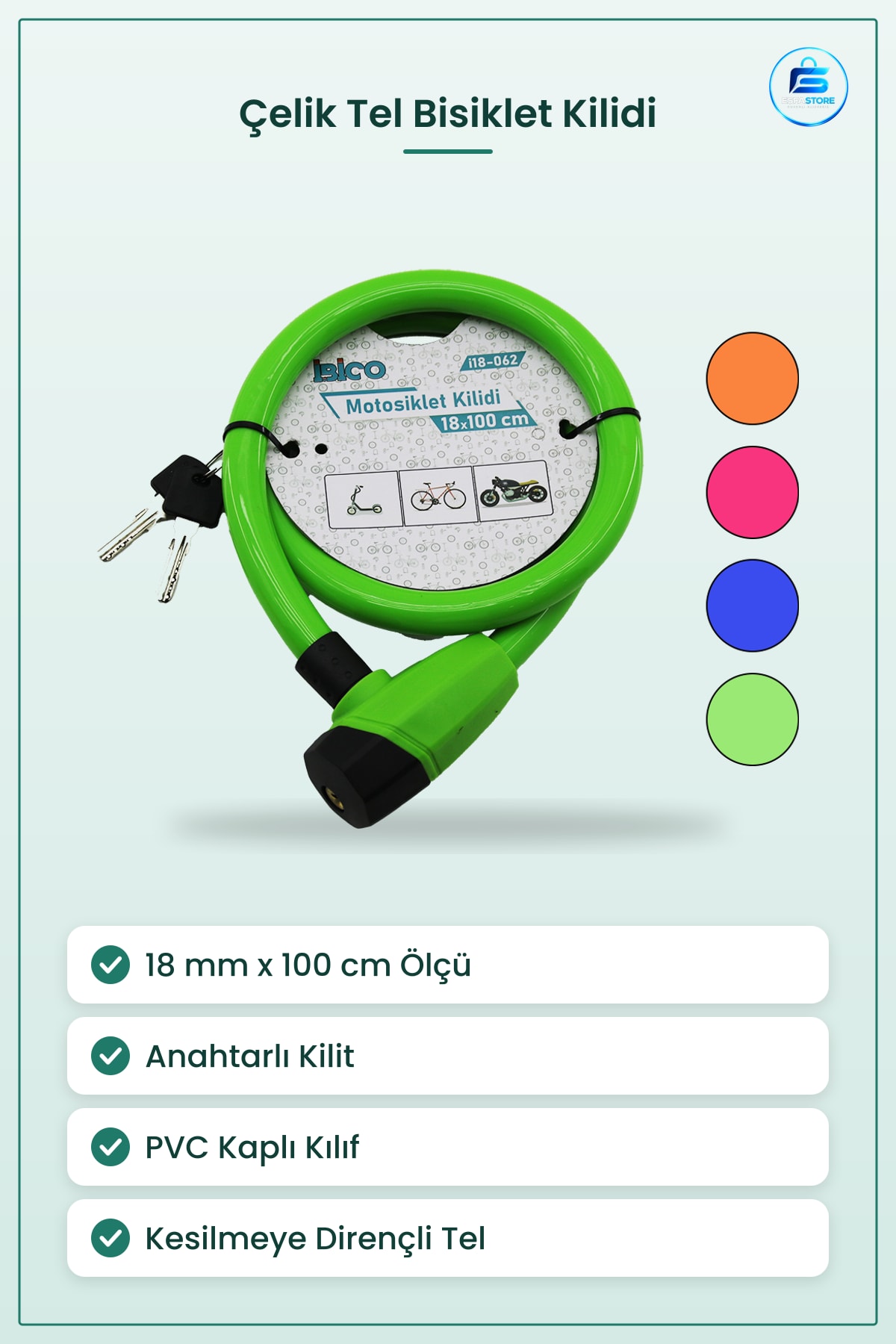 Bisiklet Kilidi Çelik Tel Motor Kilit 18mm x 100cm Anahtarlı PVC Kaplamalı Scooter Güvenlik