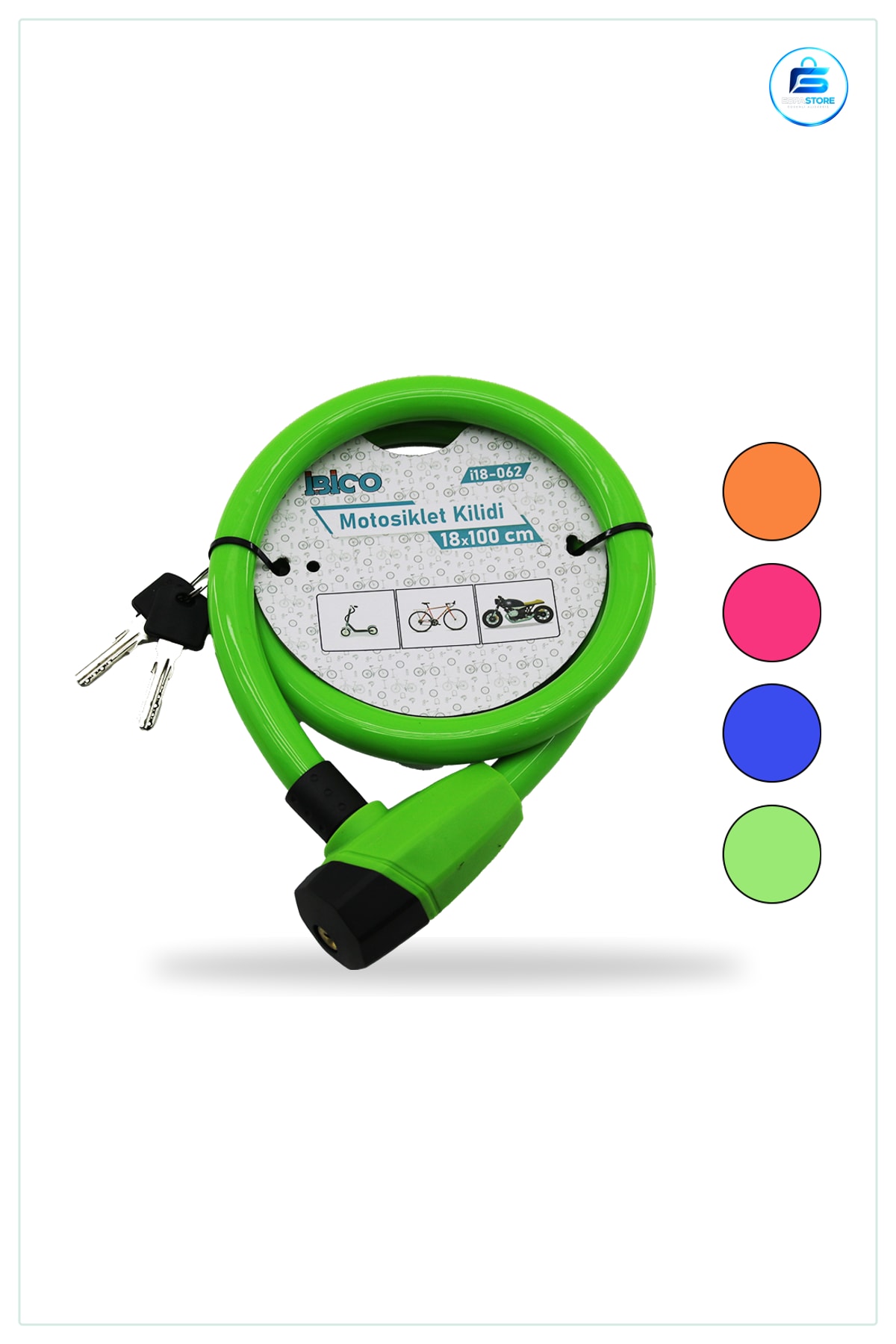 Bisiklet Kilidi Çelik Tel Motor Kilit 18mm x 100cm Anahtarlı PVC Kaplamalı Scooter Güvenlik
