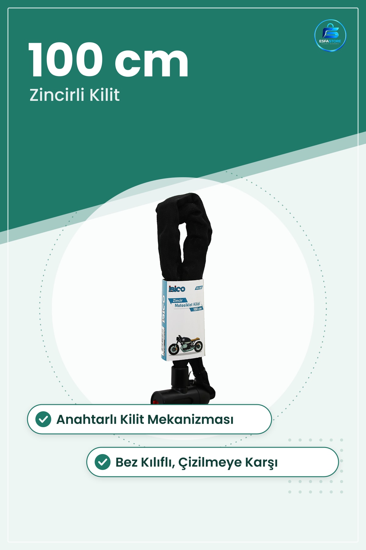 Motosiklet Bisiklet Kilidi Zincirli Anahtarlı 100 cm Sertleştirilmiş Çelik Bez Kılıflı Park