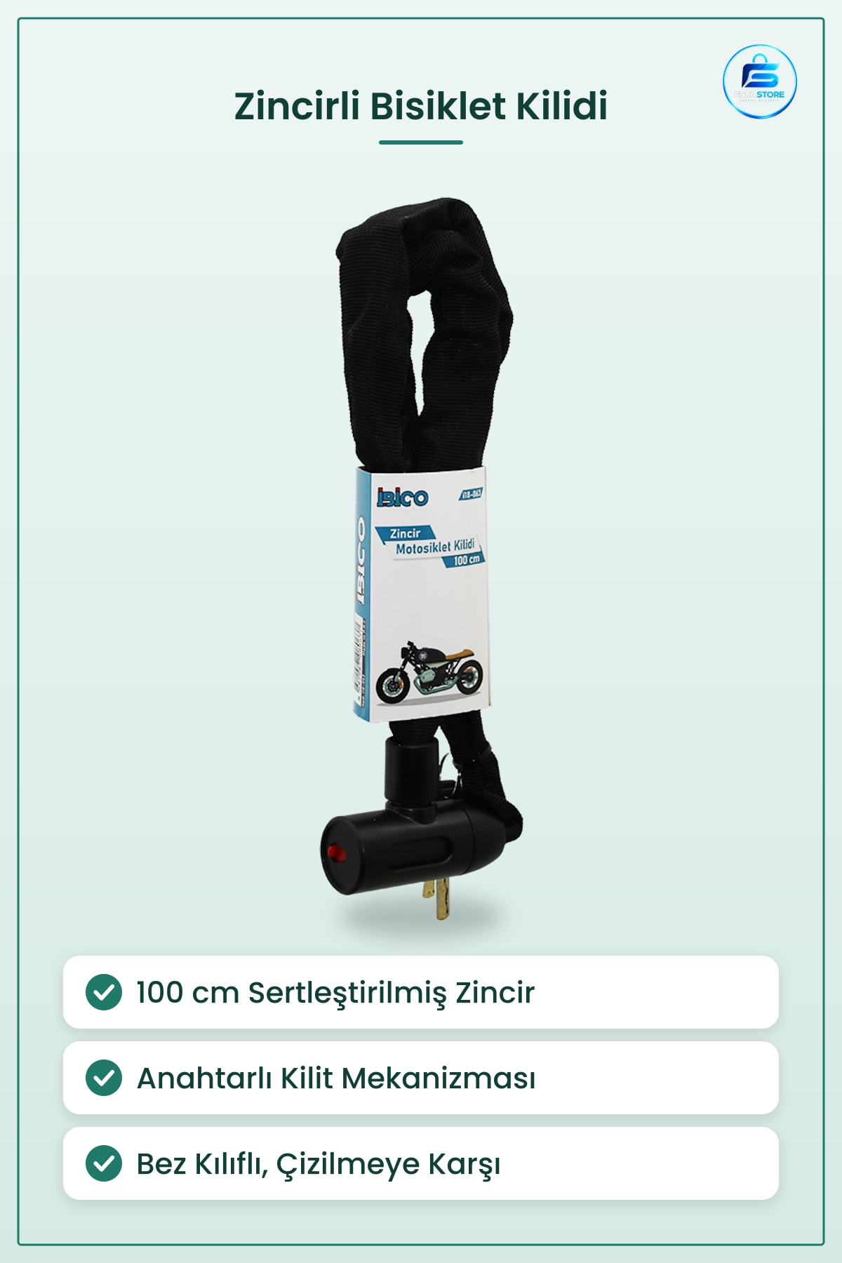 Motosiklet Bisiklet Kilidi Zincirli Anahtarlı 100 cm Sertleştirilmiş Çelik Bez Kılıflı Park