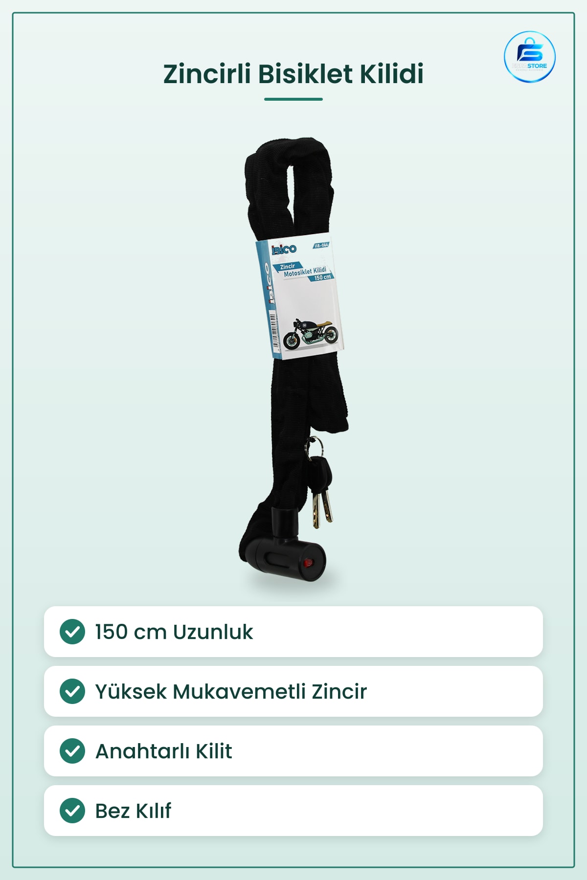 Bisiklet Kilidi Zincirli Motosiklet 150 cm Anahtarlı Bez Kılıf Yüksek Mukavemetli Çelik Zincir