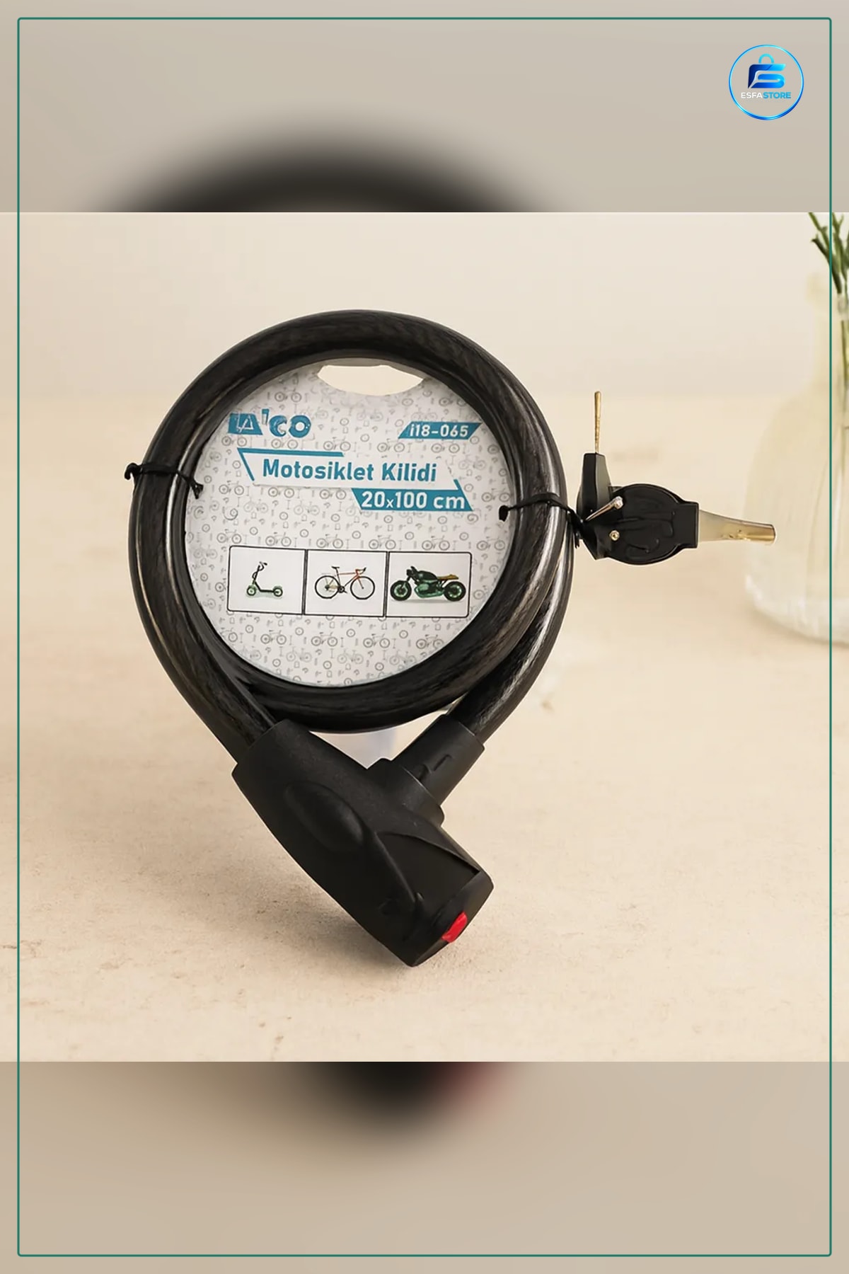 Bisiklet Kilidi Çelik Tel Motosiklet 20mm x 100cm Anahtarlı Kapaklı PVC Kılıflı Scooter Güvenlik