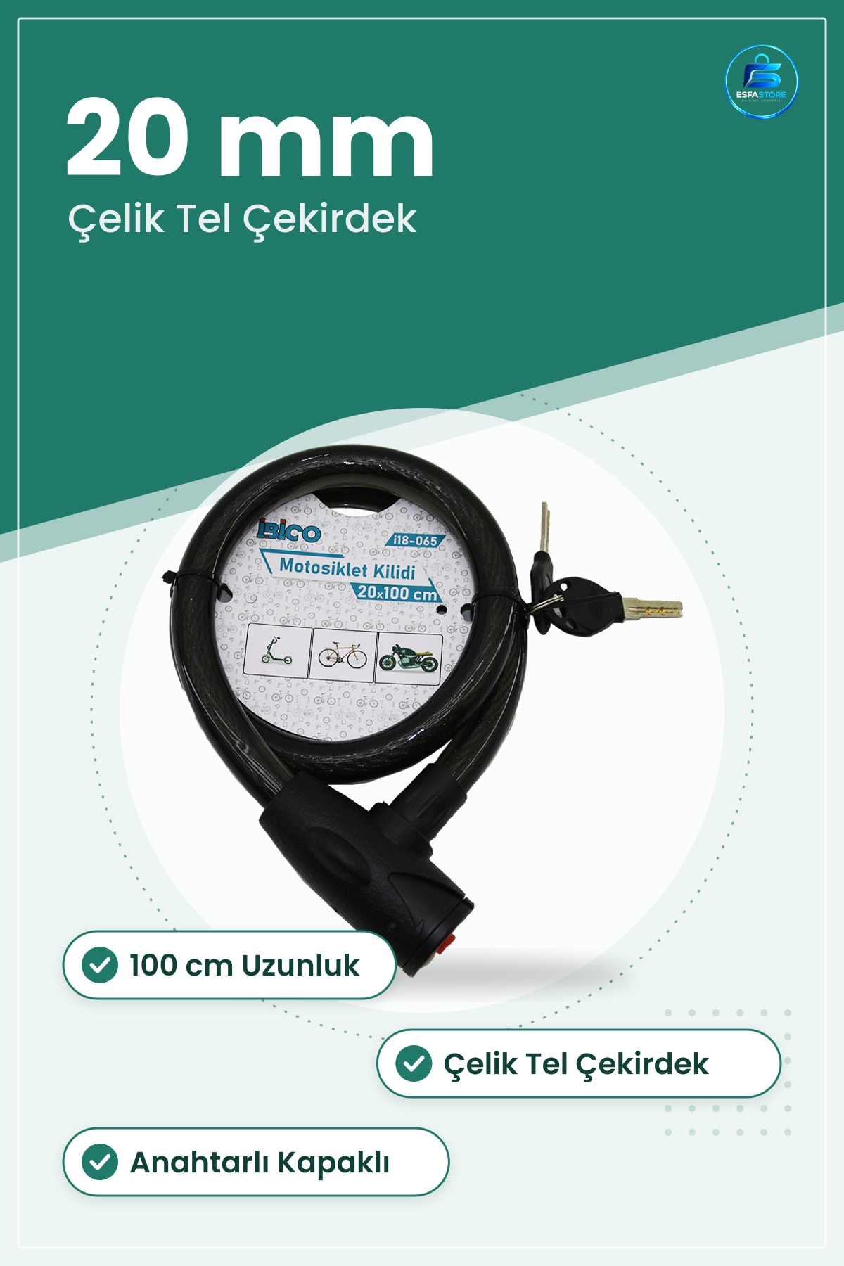 Bisiklet Kilidi Çelik Tel Motosiklet 20mm x 100cm Anahtarlı Kapaklı PVC Kılıflı Scooter Güvenlik