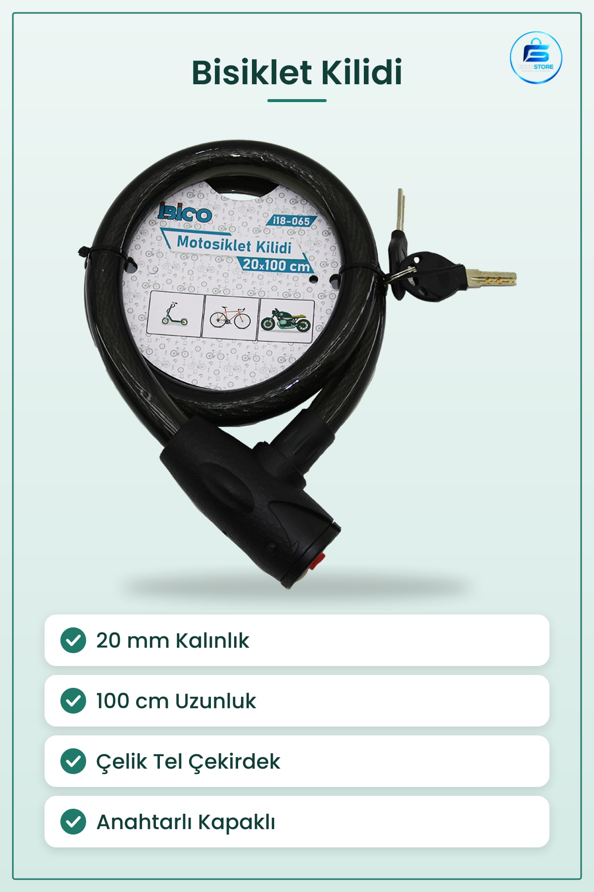 Bisiklet Kilidi Çelik Tel Motosiklet 20mm x 100cm Anahtarlı Kapaklı PVC Kılıflı Scooter Güvenlik