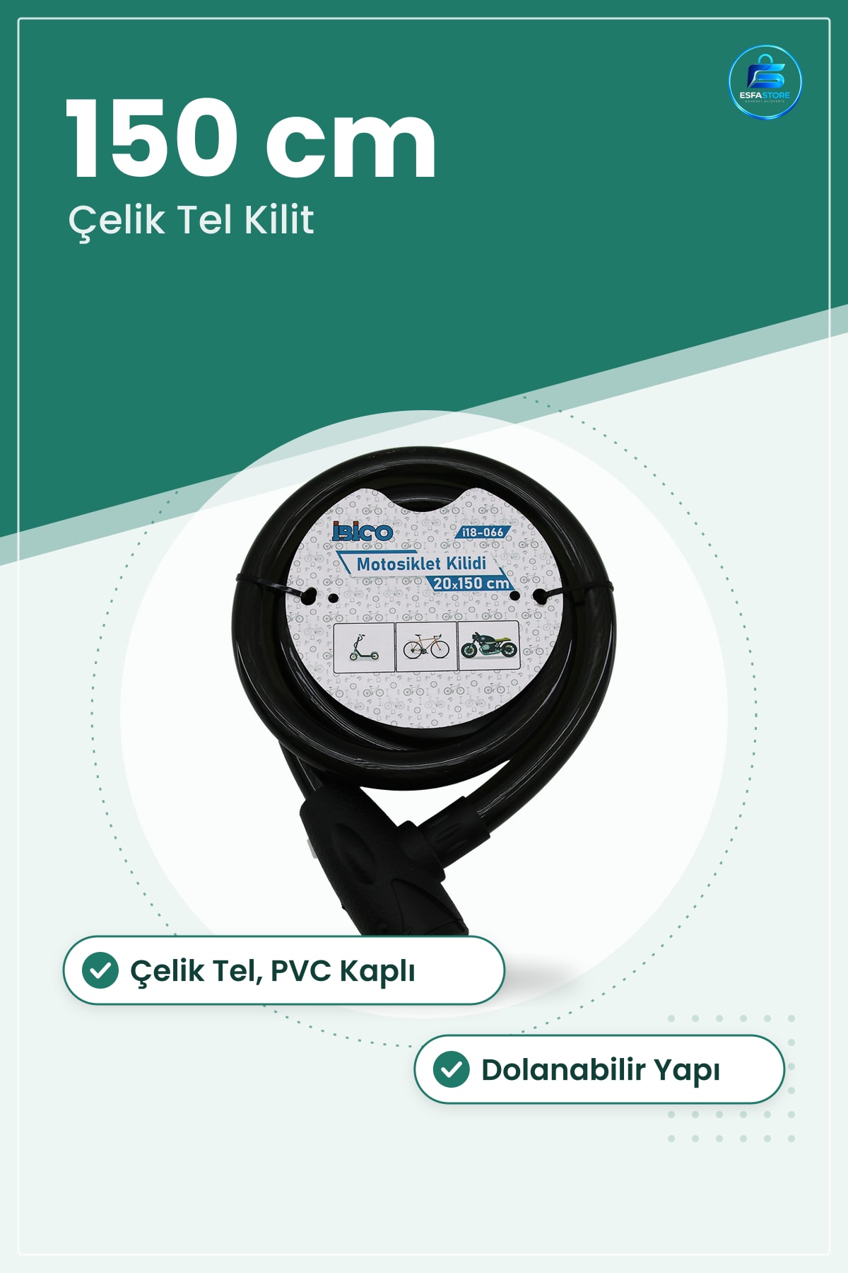Bisiklet Kilidi Anahtarlı Çelik Tel Motor Scooter Kilit 20mm x 150cm PVC Kaplı Dolanabilir Güvenlik
