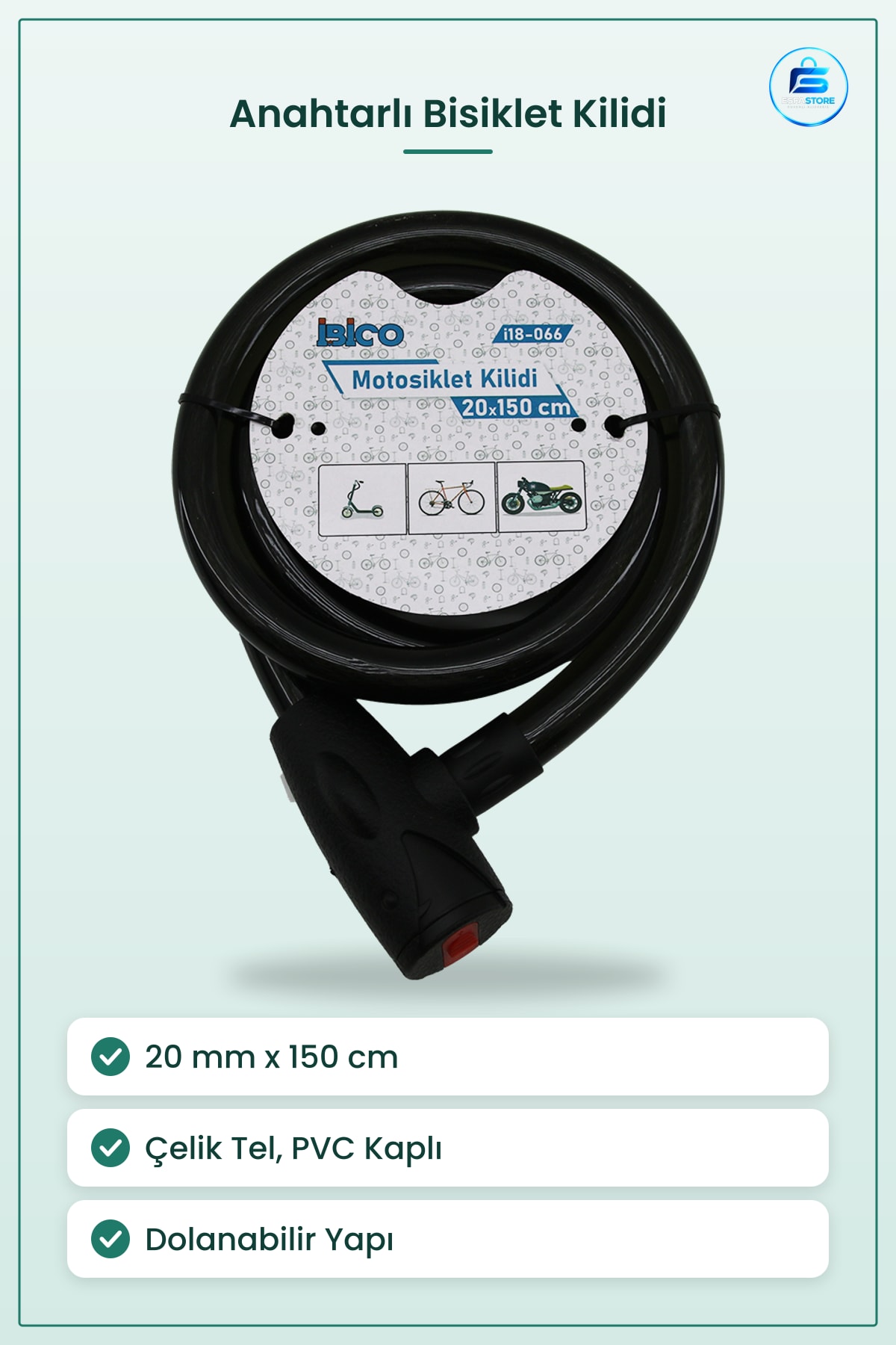 Bisiklet Kilidi Anahtarlı Çelik Tel Motor Scooter Kilit 20mm x 150cm PVC Kaplı Dolanabilir Güvenlik