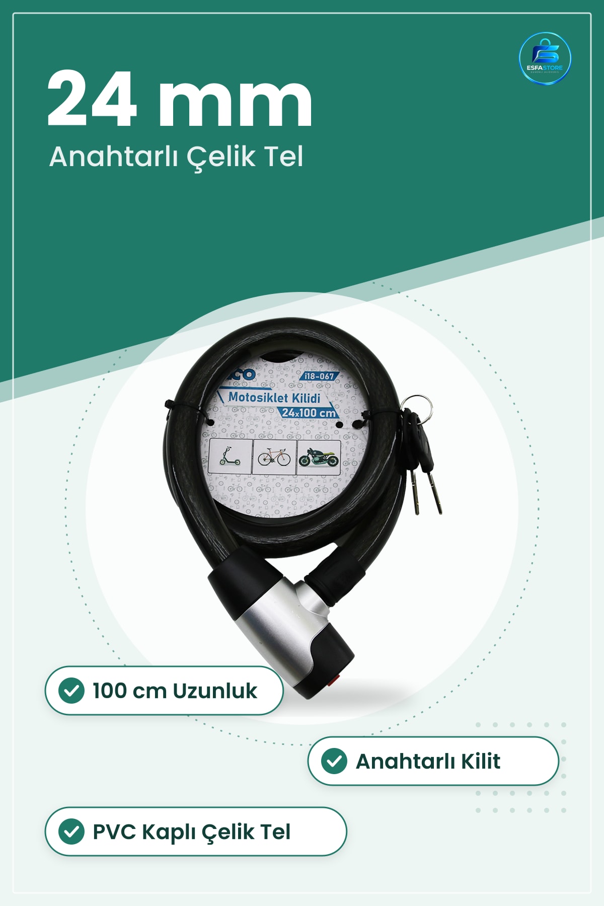 Motosiklet Kilidi Çelik Tel 24 mm x 100 cm Anahtarlı PVC Kaplı Bisiklet Scooter Park Güvenlik