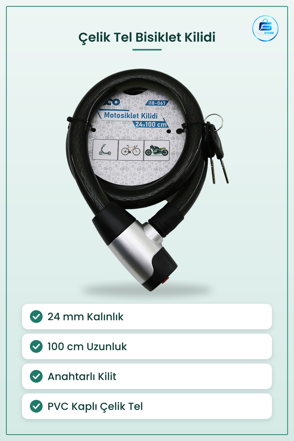 Motosiklet Kilidi Çelik Tel 24 mm x 100 cm Anahtarlı PVC Kaplı Bisiklet Scooter Park Güvenlik