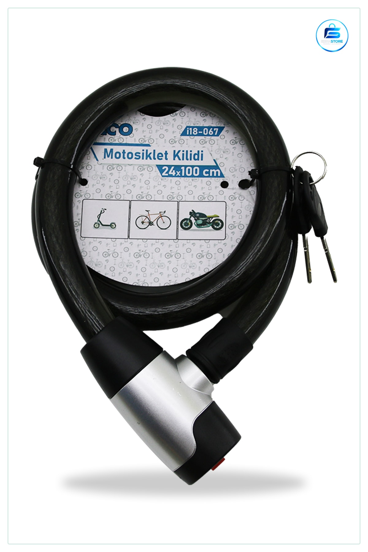 Motosiklet Kilidi Çelik Tel 24 mm x 100 cm Anahtarlı PVC Kaplı Bisiklet Scooter Park Güvenlik