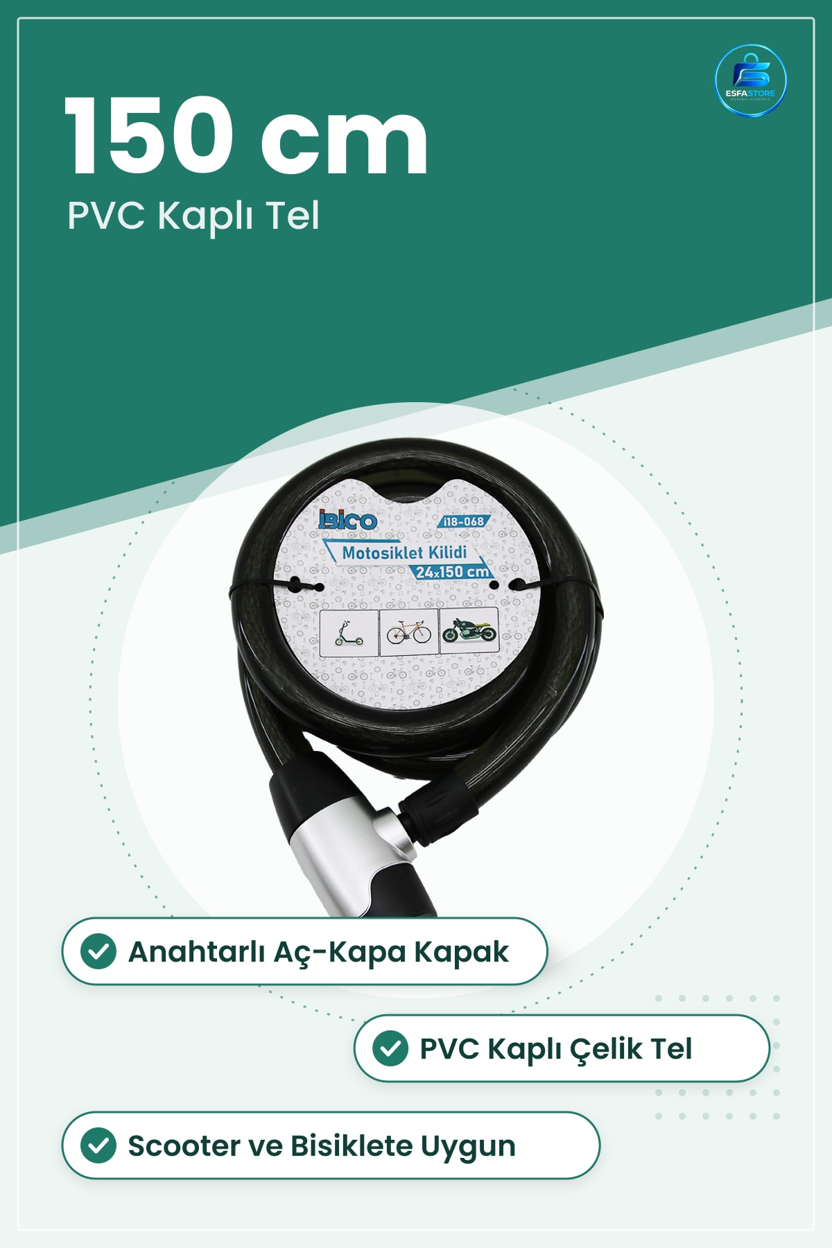 Motosiklet Kilidi Çelik Tel 24 mm x 150 cm Anahtarlı PVC Kaplı Scooter Bisiklet Güvenlik