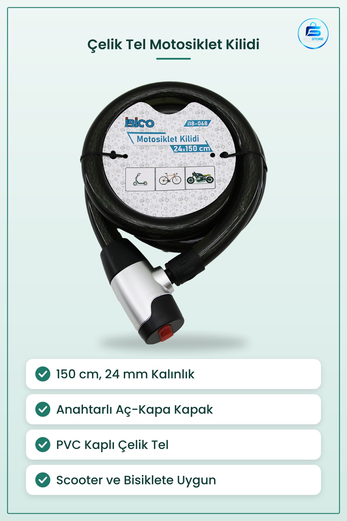 Motosiklet Kilidi Çelik Tel 24 mm x 150 cm Anahtarlı PVC Kaplı Scooter Bisiklet Güvenlik