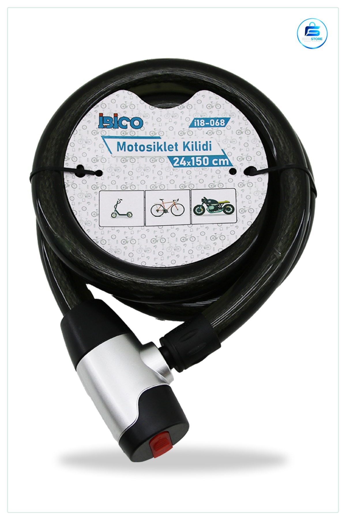 Motosiklet Kilidi Çelik Tel 24 mm x 150 cm Anahtarlı PVC Kaplı Scooter Bisiklet Güvenlik