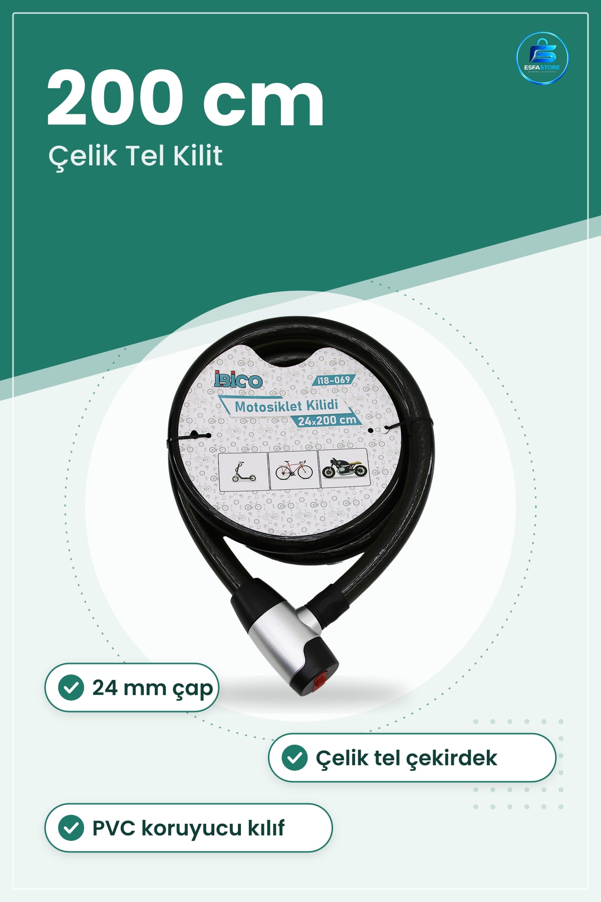 Anahtarlı Çelik Tel Bisiklet Kilidi 24mm x 200cm Motosiklet Scooter Dış Mekan Güvenlik Kablosu