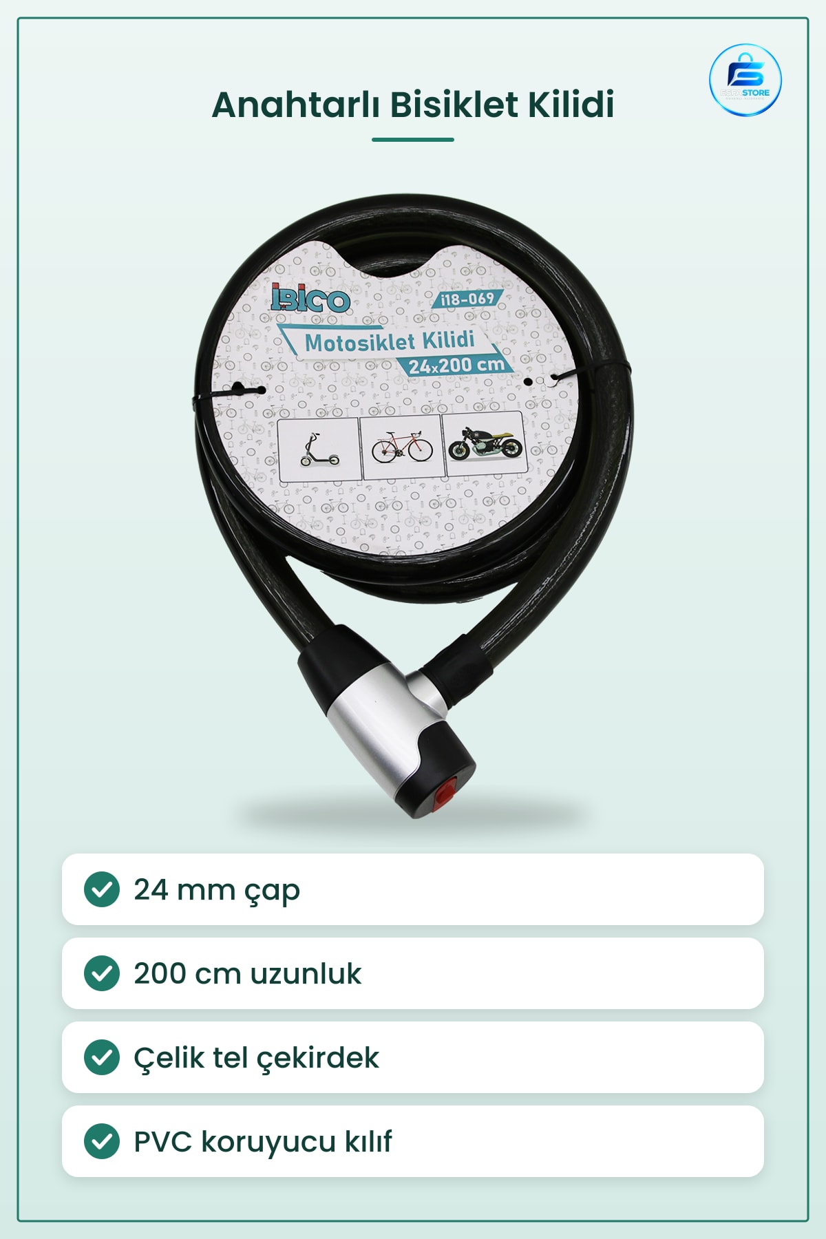 Anahtarlı Çelik Tel Bisiklet Kilidi 24mm x 200cm Motosiklet Scooter Dış Mekan Güvenlik Kablosu