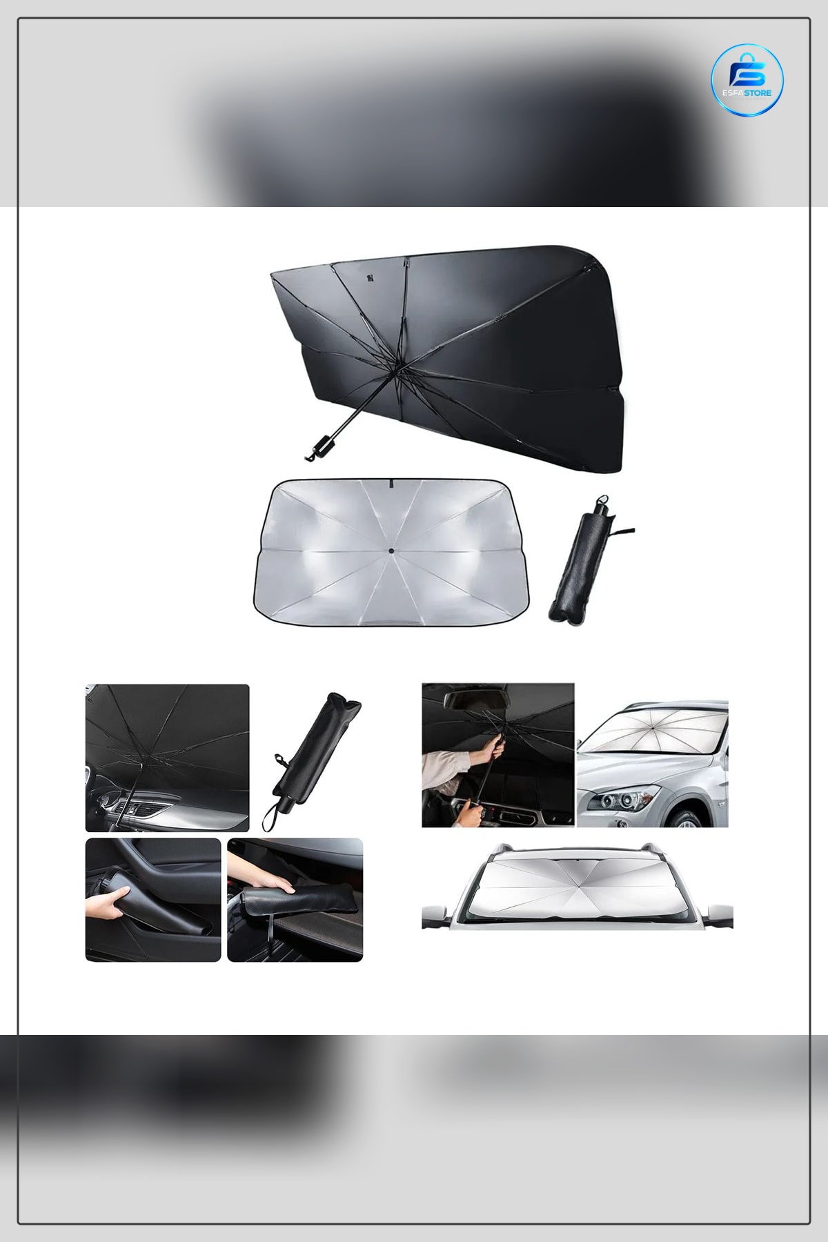 Oto Güneşlik Perde Ön Cam Katlanabilir Şemsiye Telli Araç Aksesuarı 78x39x130 cm Isı Koruma