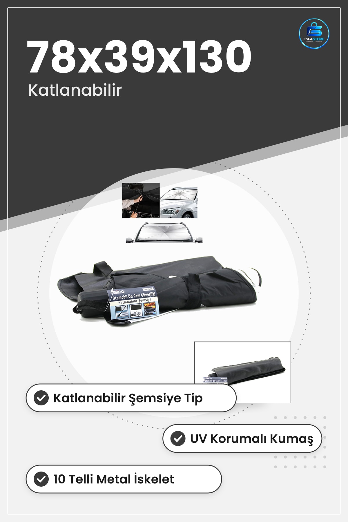 Oto Güneşlik Perde Ön Cam Katlanabilir Şemsiye Telli Araç Aksesuarı 78x39x130 cm Isı Koruma