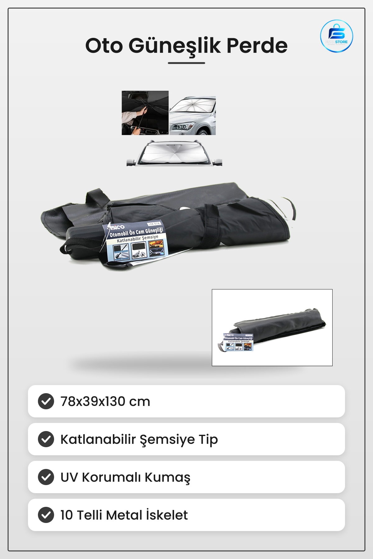 Oto Güneşlik Perde Ön Cam Katlanabilir Şemsiye Telli Araç Aksesuarı 78x39x130 cm Isı Koruma