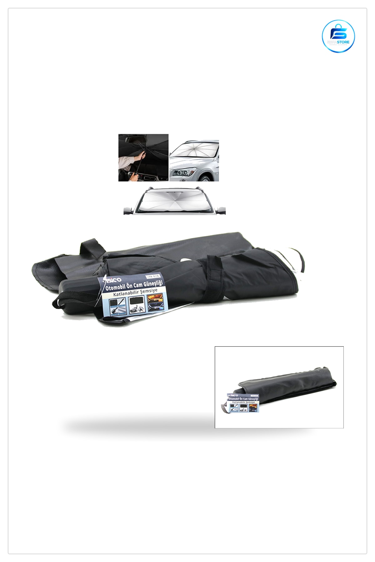 Oto Güneşlik Perde Ön Cam Katlanabilir Şemsiye Telli Araç Aksesuarı 78x39x130 cm Isı Koruma