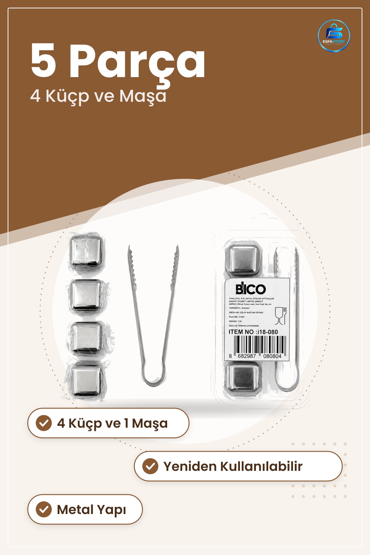 Çelik Buz Kalıbı 4 Küp ve Maşa 5 Parça Metal Buzluk Seti Yeniden Kullanılabilir Bar Mutfak
