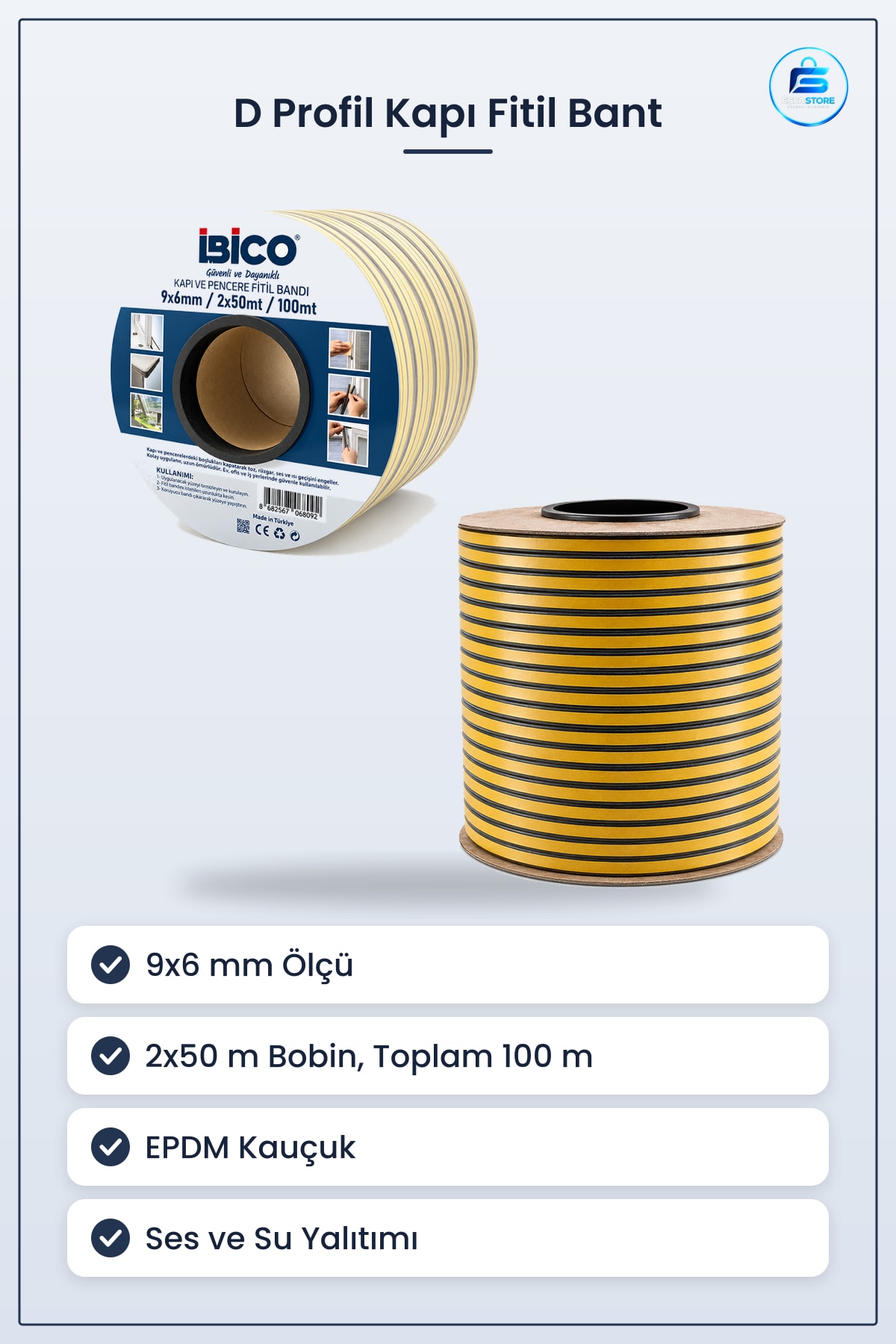 D Profil Kapı Pencere Fitil Bant 9x6 mm 100 m EPDM Kauçuk Sızdırmazlık Ses Su Yalıtım