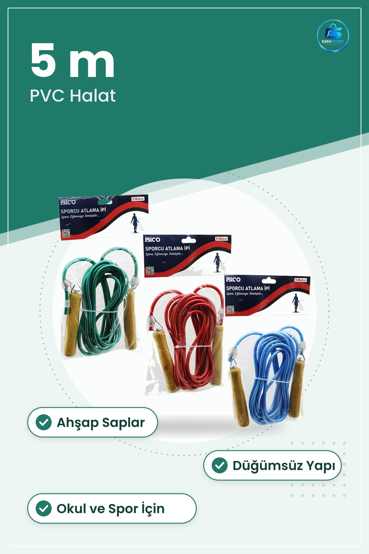 Atlama İpi 5 m Ahşap Saplı PVC Halat Renkli Kondisyon Kardiyo Koordinasyon Spor Okul Egzersiz