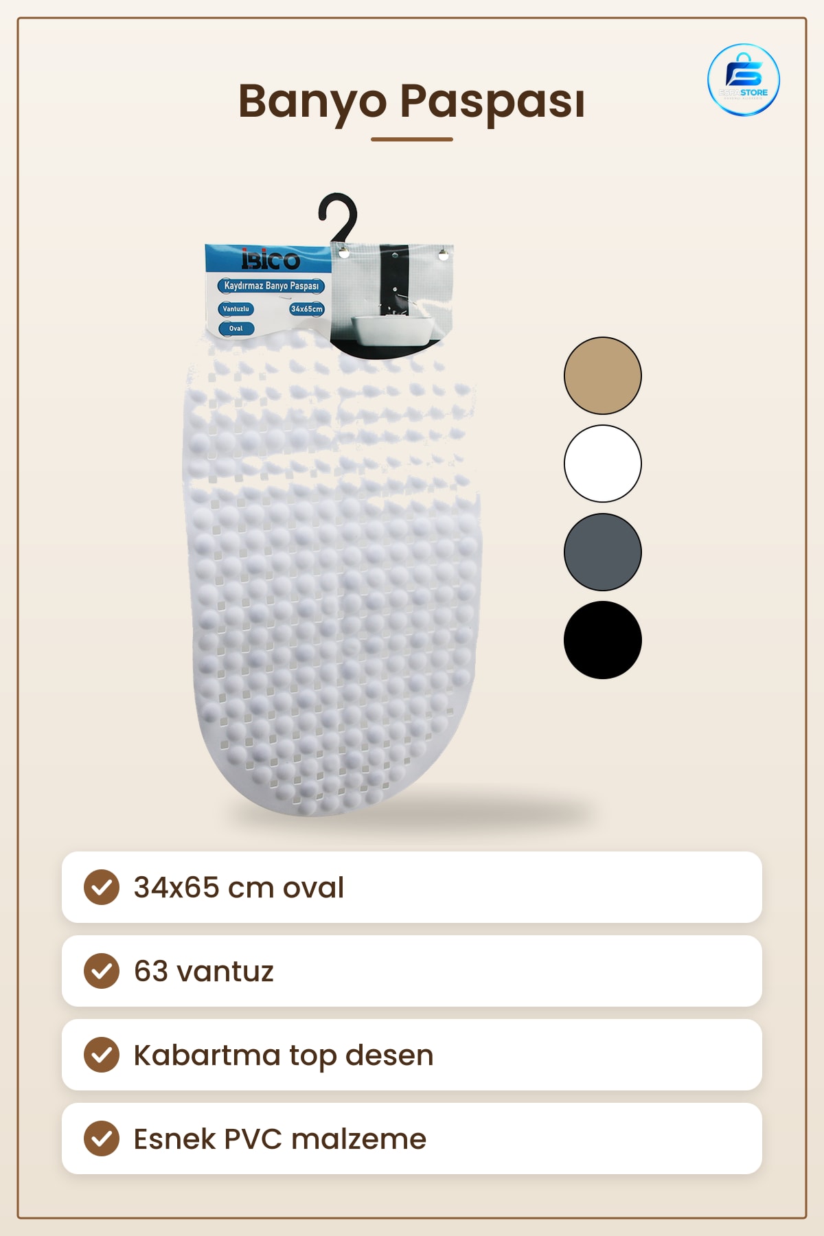 Banyo Paspası Oval Kaydırmaz Vantuzlu Plastik Duş Küvet Zemin Koruyucu 34x65 cm Kullanışlı