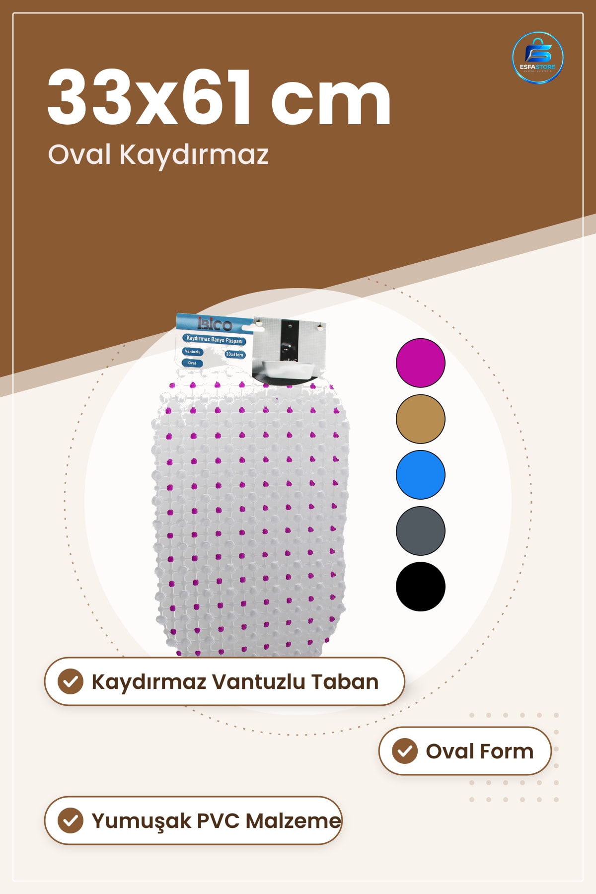 Oval PVC Kaydırmaz Banyo Paspası Vantuzlu 33x61 cm Duruş Yumuşak Kuşgibi Duş Kenar Ayak Hijyenik