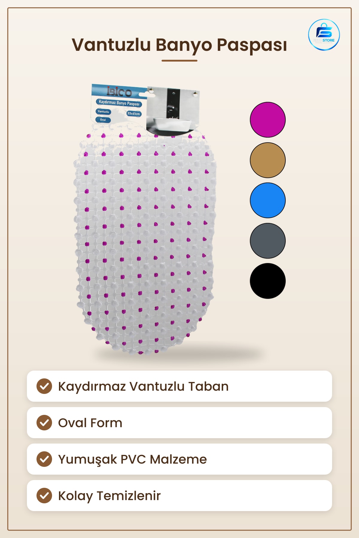 Oval PVC Kaydırmaz Banyo Paspası Vantuzlu 33x61 cm Duruş Yumuşak Kuşgibi Duş Kenar Ayak Hijyenik