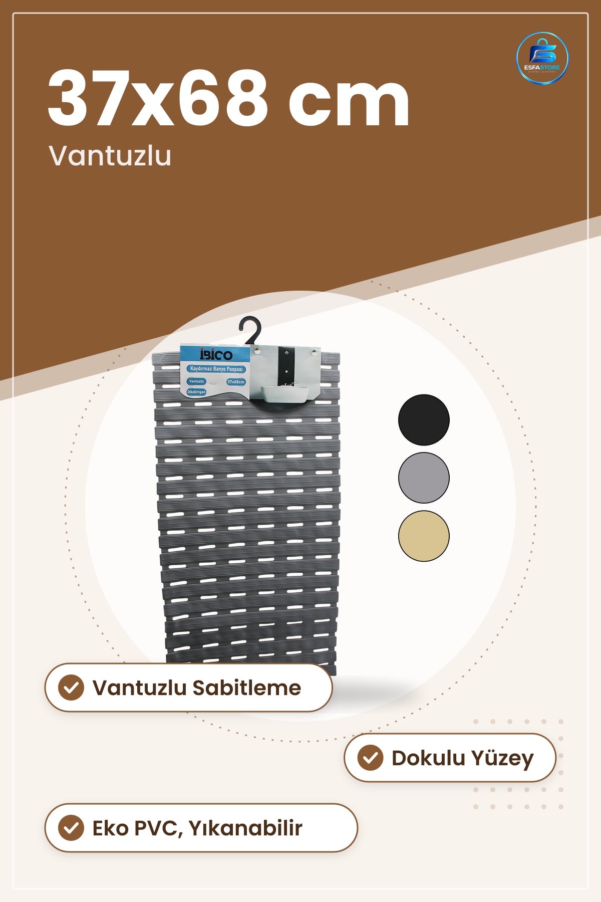 Banyo Paspası Kaydırmaz Vantuzlu PVC 37x68 cm Dikdörtgen Küvet Duş Zemin Aydınlık Hazır