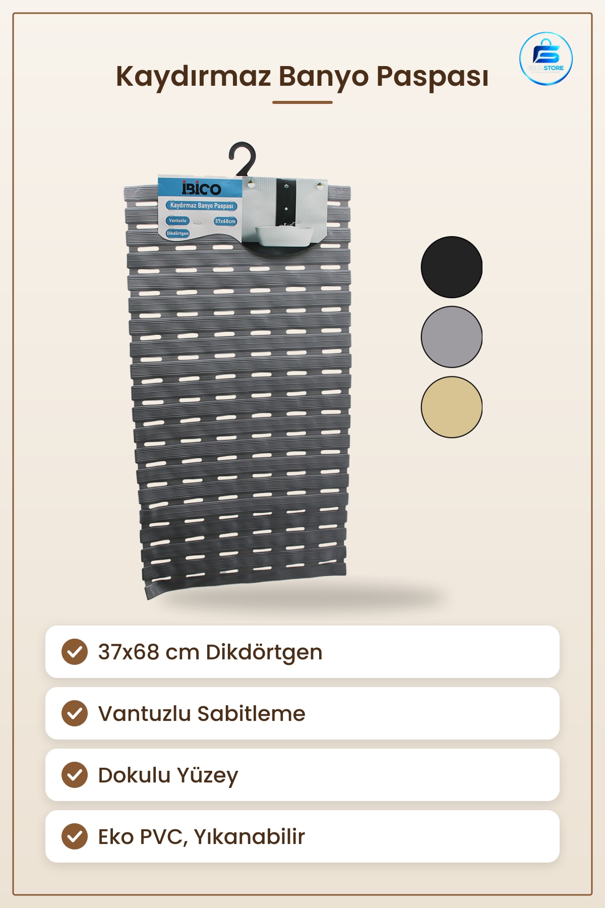 Banyo Paspası Kaydırmaz Vantuzlu PVC 37x68 cm Dikdörtgen Küvet Duş Zemin Aydınlık Hazır