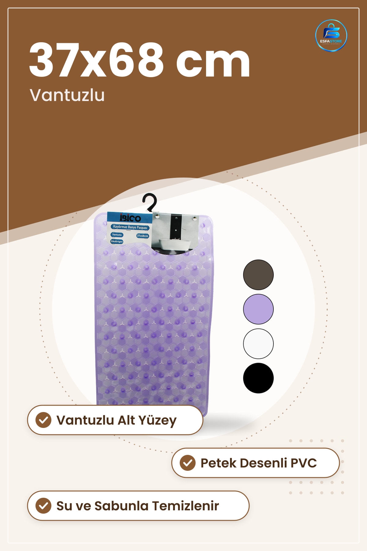 Kaydırmaz PVC Banyo Ve Küvet Paspası Petek Desenli Şeffaf Buzlu 37x68 cm Vantuzlu Yumuşak Duruş