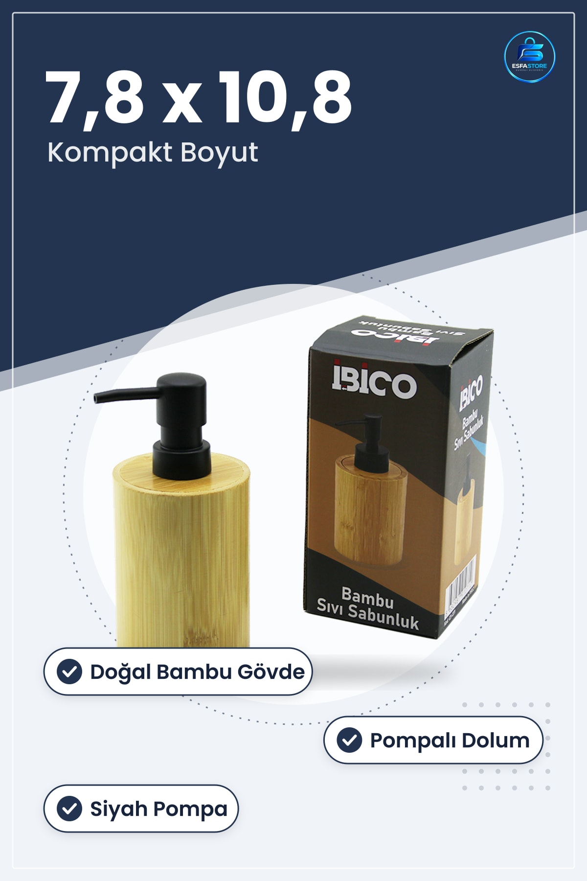 Bambu Sıvı Sabunluk Yuvarlak 7,8 x 10,8 cm Siyah Pompalı Banyo Mutfak Tezgah Üstü Dolumlu