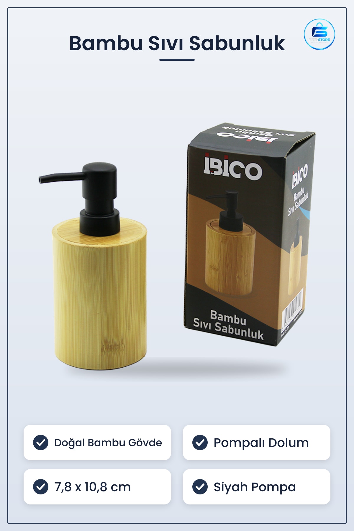 Bambu Sıvı Sabunluk Yuvarlak 7,8 x 10,8 cm Siyah Pompalı Banyo Mutfak Tezgah Üstü Dolumlu