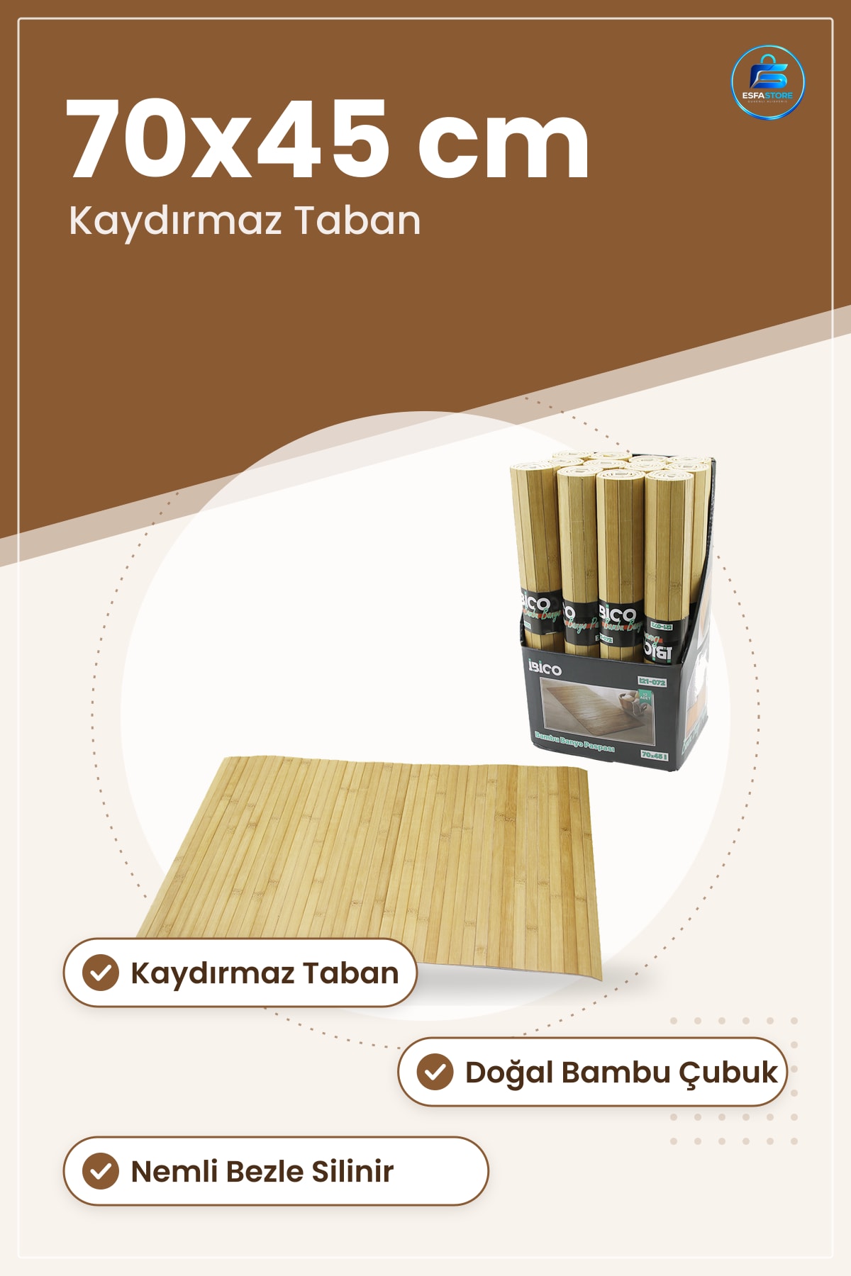 Banyo Paspası Bambu Çubuklu Kaydırmaz Taban Islak Zemin Duvar Kenar Doku 70x45 cm Doğal