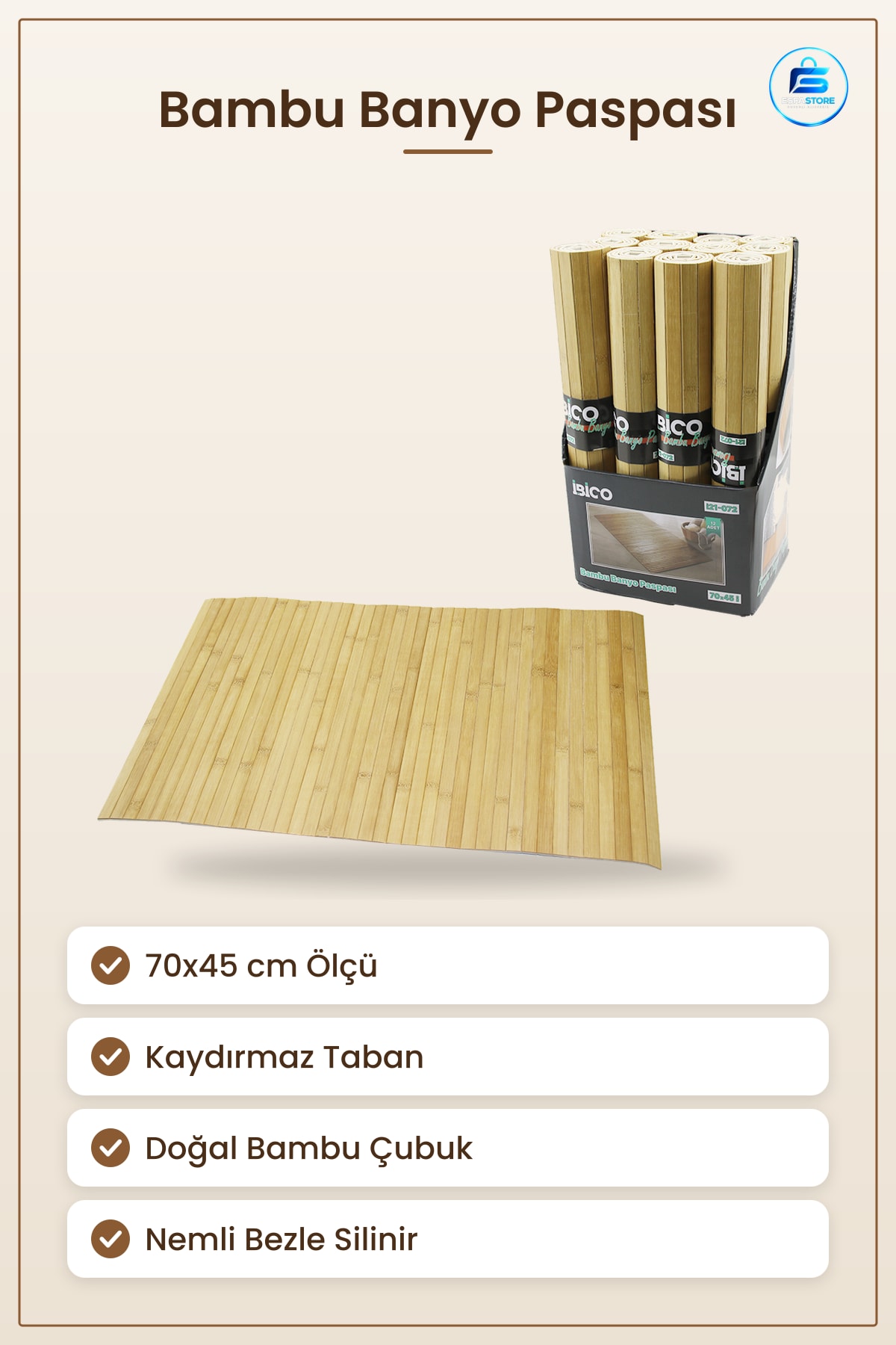 Banyo Paspası Bambu Çubuklu Kaydırmaz Taban Islak Zemin Duvar Kenar Doku 70x45 cm Doğal