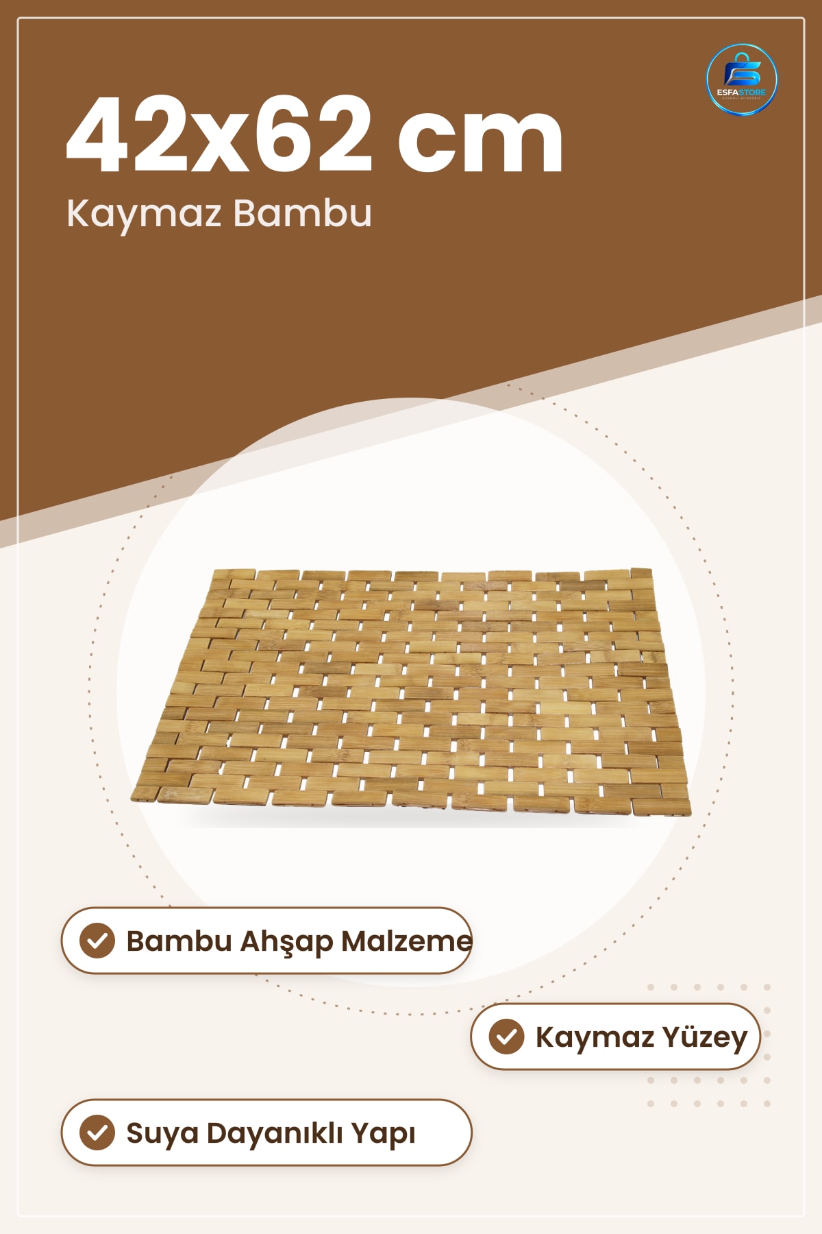 Banyo Paspası Bambu Ahşap Kaymaz 42x62 cm Duş Lavabo Zemin Koruyucu Hijyenik Sıcak Dekor