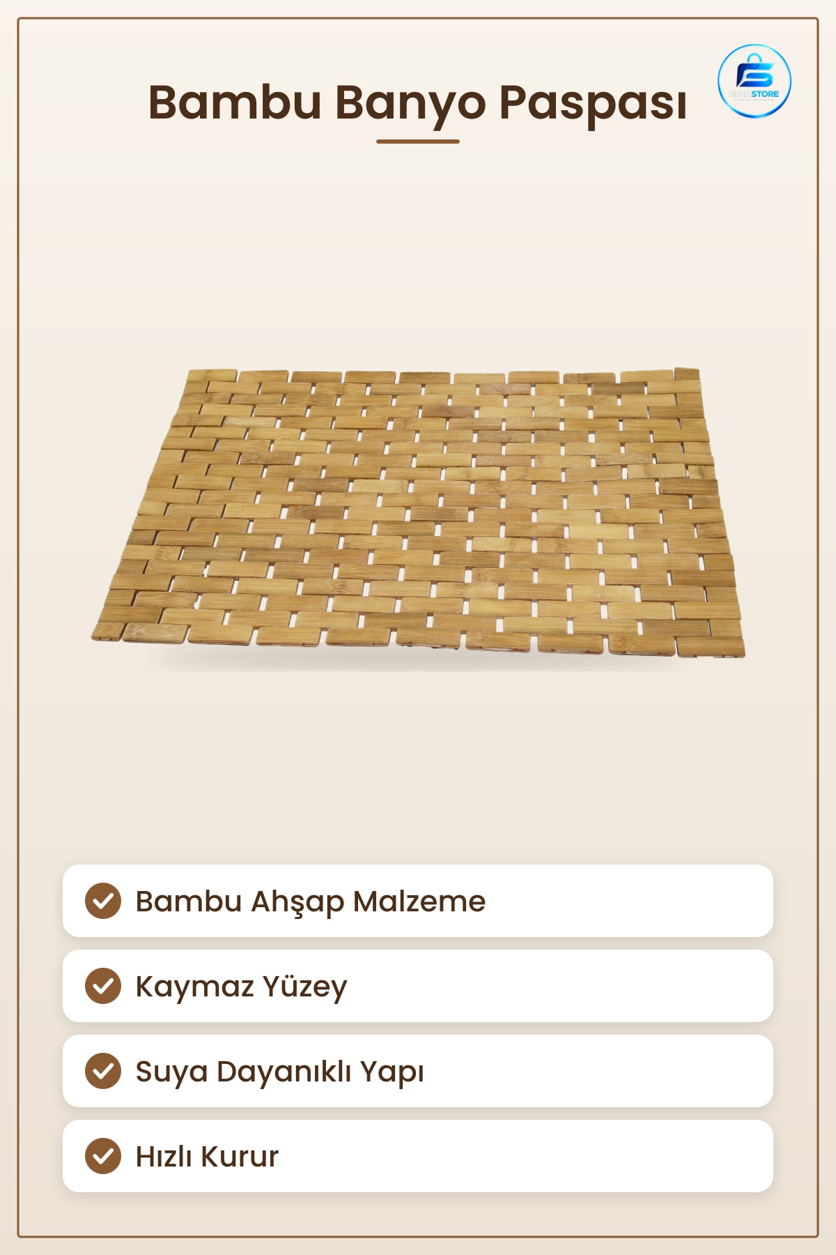 Banyo Paspası Bambu Ahşap Kaymaz 42x62 cm Duş Lavabo Zemin Koruyucu Hijyenik Sıcak Dekor