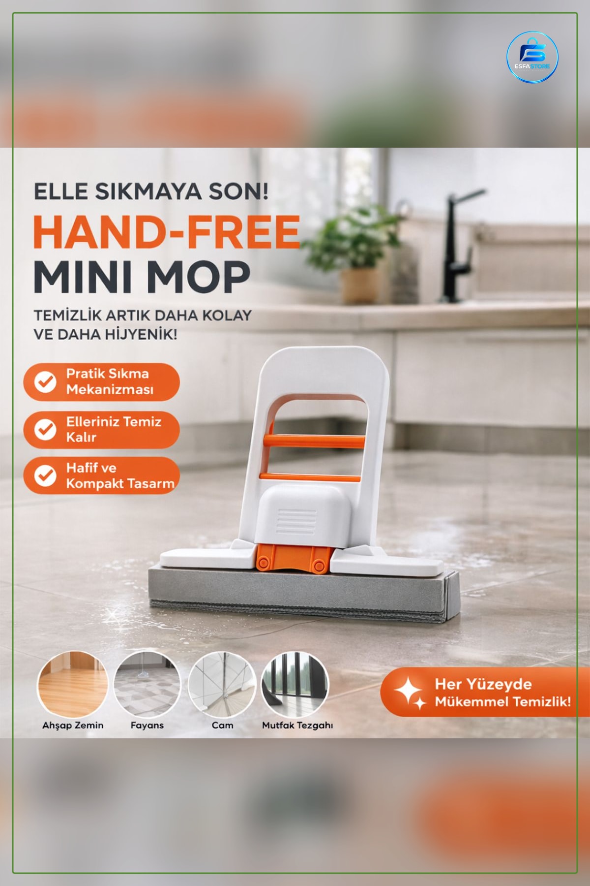 Mini Mop Derece Döner Temizlik Aparatı Pencere Cam Zemin Tezgah Duşakabin Mikrofiber Yıkanabilir