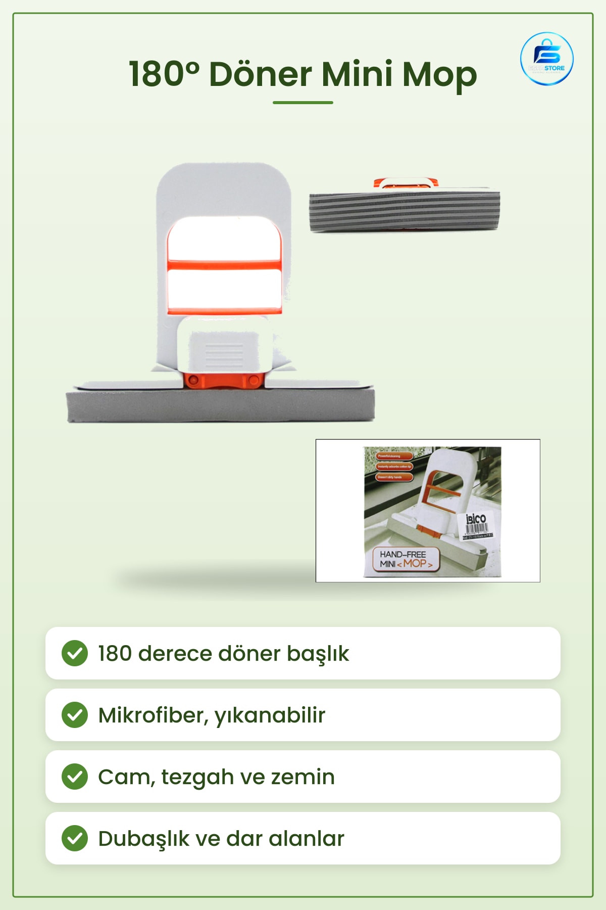 Mini Mop Derece Döner Temizlik Aparatı Pencere Cam Zemin Tezgah Duşakabin Mikrofiber Yıkanabilir