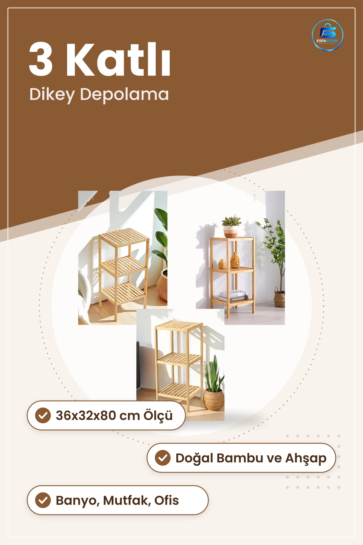 3 Katlı Çok Amaçlı Ahşap Bambu Raf Organizer 36x32x80 cm Dolap İçi Düzenleyici Banyo Depolama