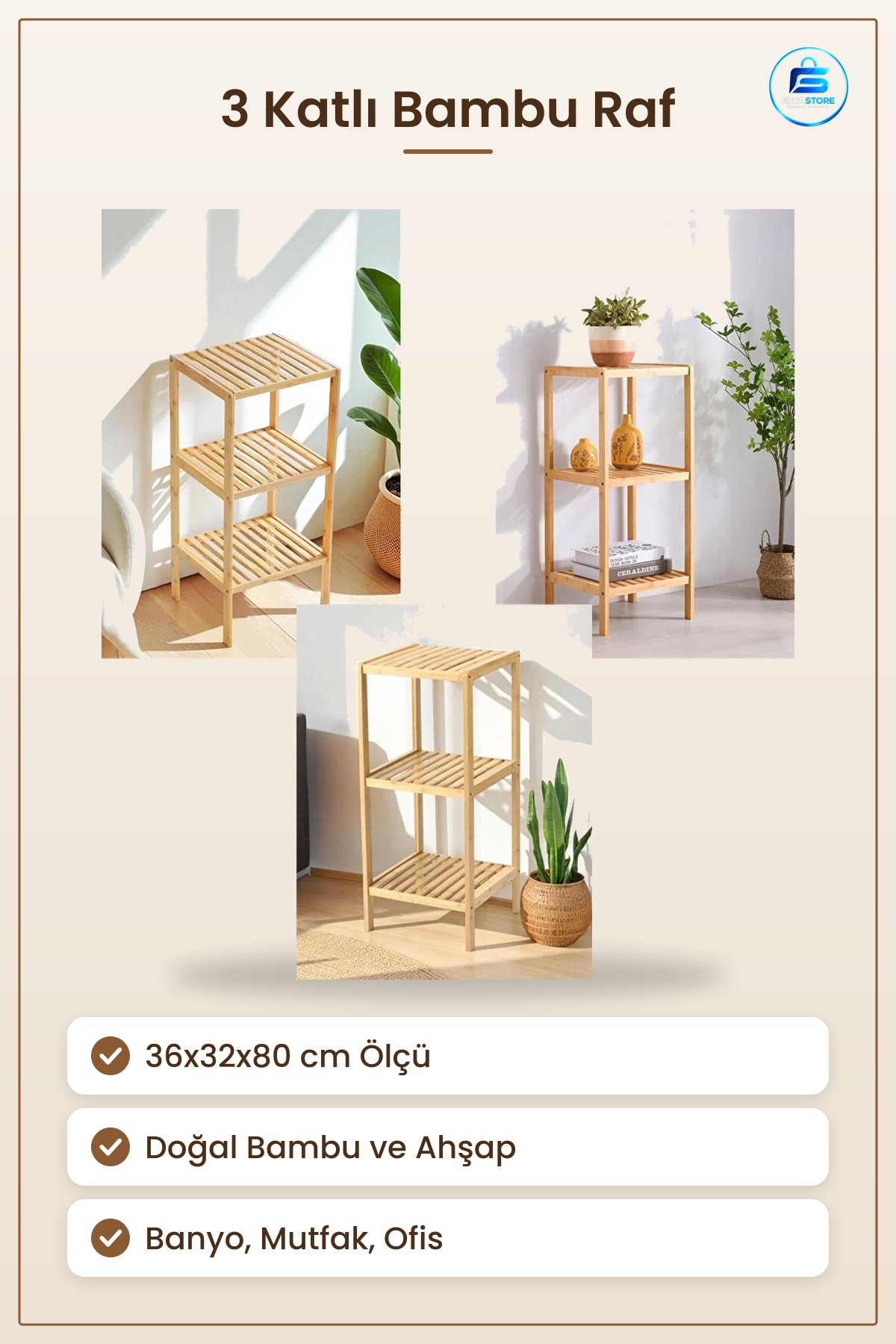 3 Katlı Çok Amaçlı Ahşap Bambu Raf Organizer 36x32x80 cm Dolap İçi Düzenleyici Banyo Depolama