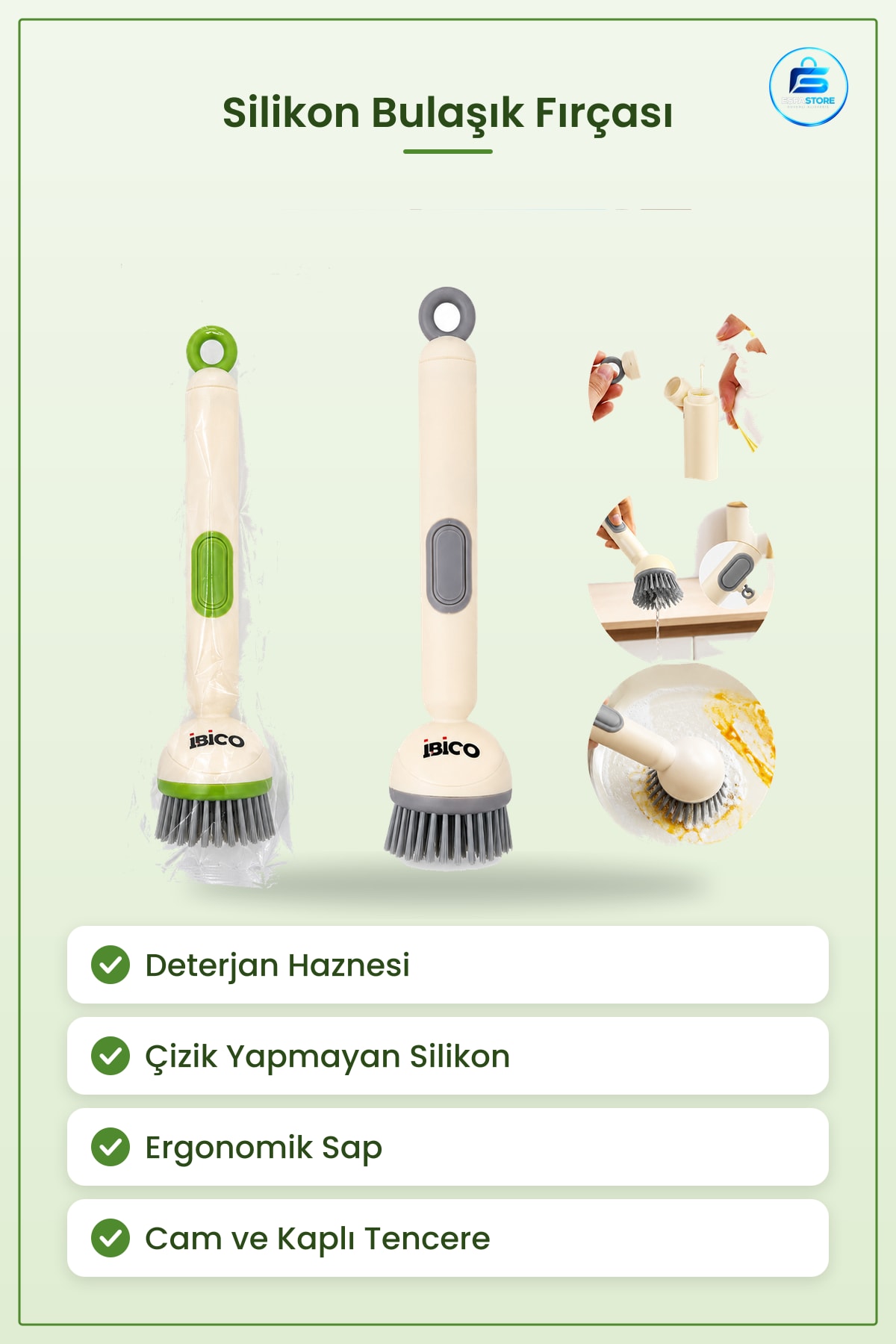 Bullaş Fırçası Silikon Deterjan Hazneli Yumuşak Çok Amaçlı Mutfak Tencere Temizlik Sapı